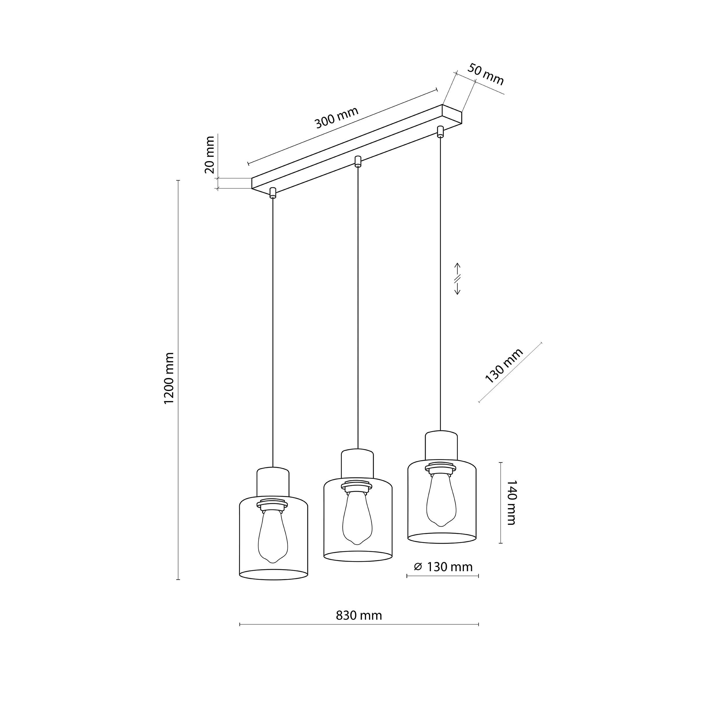 Lampa wisząca ORSON czarna z drewnianymi elementami bursztynowe szklane klosze 90x57x13cm - TK_4568
