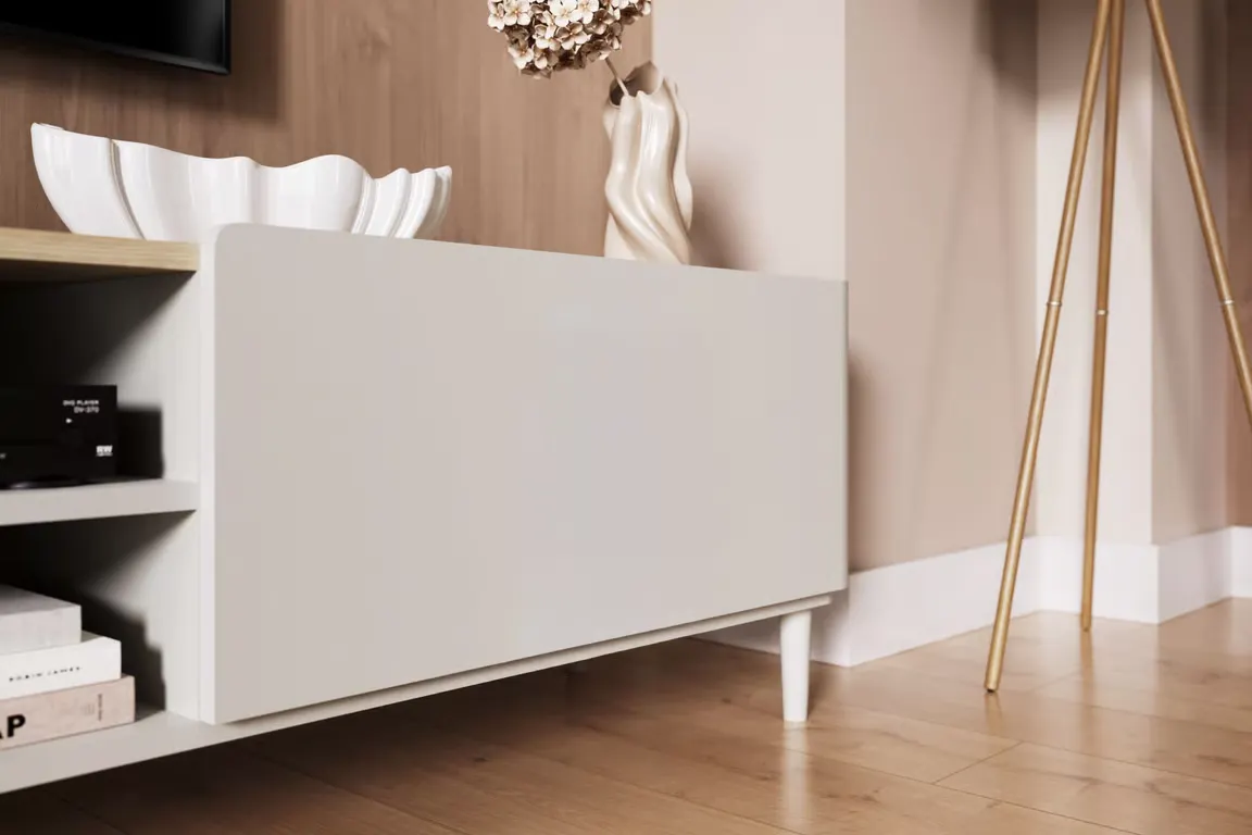 Szafka RTV z klapą i 1 szufladą ELIVO RTV 220cm drewniane nóżki cashmere dąb olejowany — zdjęcie 8
