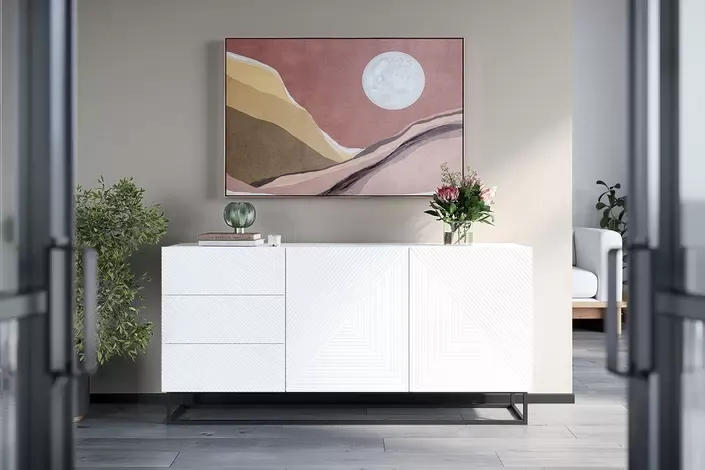 Komoda 2-drzwiowa z 3 szufladami ASHA 167 z szufladami - szara - dąb artisan z czarnym stelażem - ryflowany front — zdjęcie 14
