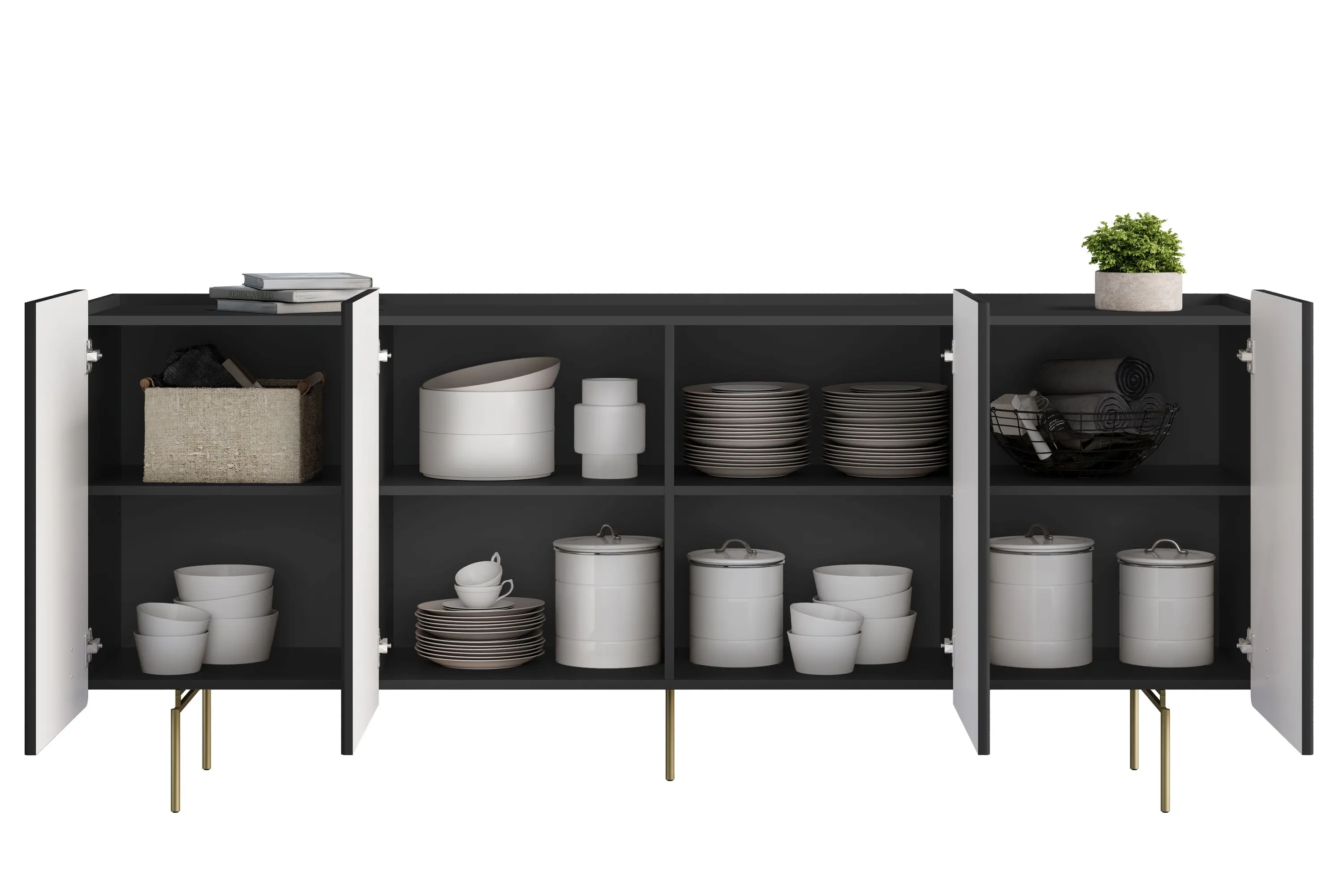 Komoda 4-drzwiowa MALMI 200cm - czarna - złote nogi - B_166969