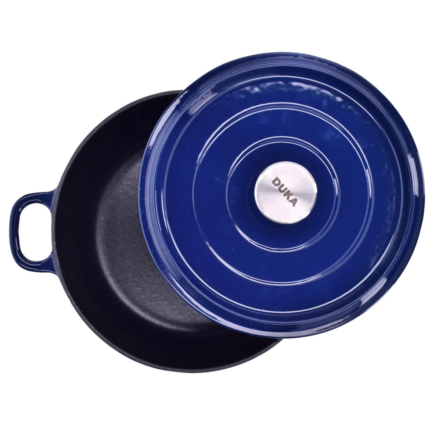 image garnki żeliwne, patelnia żeliwna, pokrycie enamel, niebieski kolor, logo na pokrywie