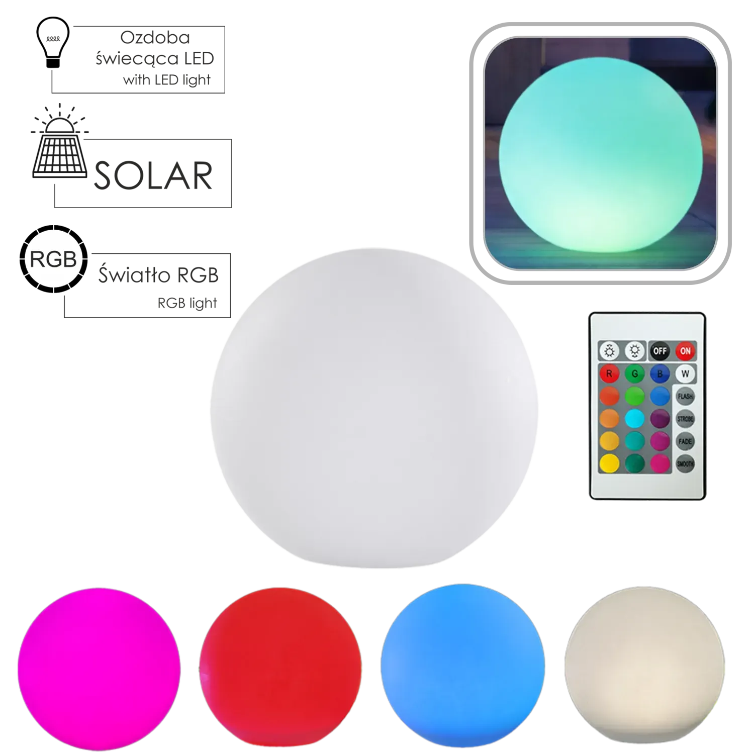 Lampa solarna KULA BIAŁA 40x40x38 cm MULTIKOLOR z pilotem - SOL4934