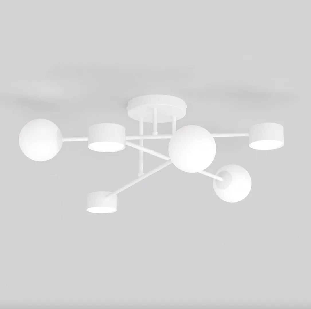 lampa sufitowa, kula, białe, metalowy stelaż, design kulowy