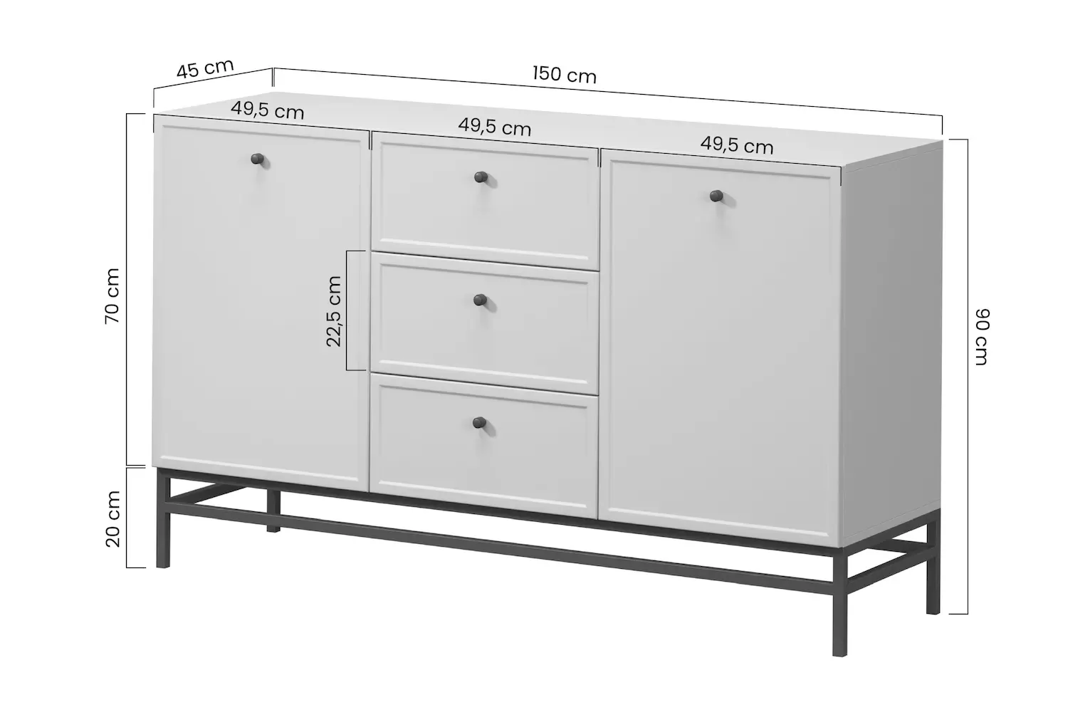 Komoda 2-drzwoiowa z 3 szufladami LORINI 150 - cashmere uchwyt T-bar czarny stelaż czarny - B_166769