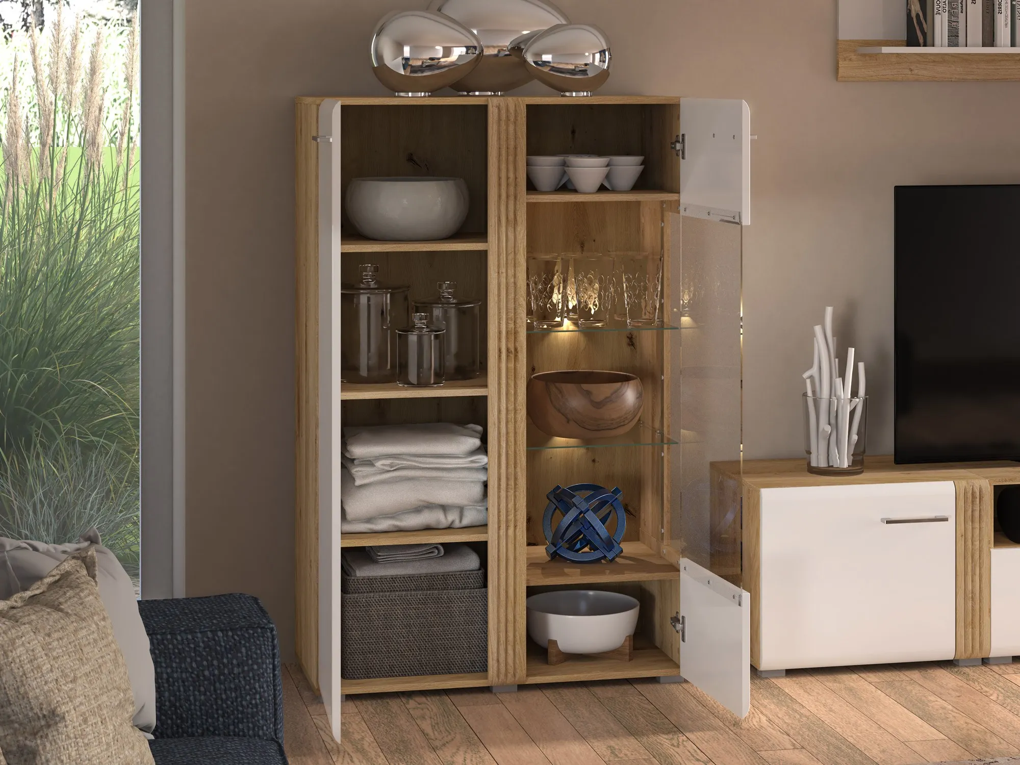 Witryna niska Adagio 03 Prawa dąb castello, biały połysk - 1ADAG03P-001