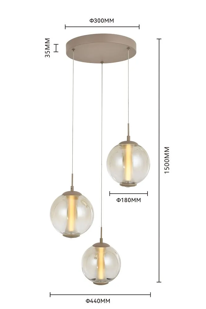image lampa wisząca, trzy kule, szklane klosze, kolor beżowy, pojemna jednostka