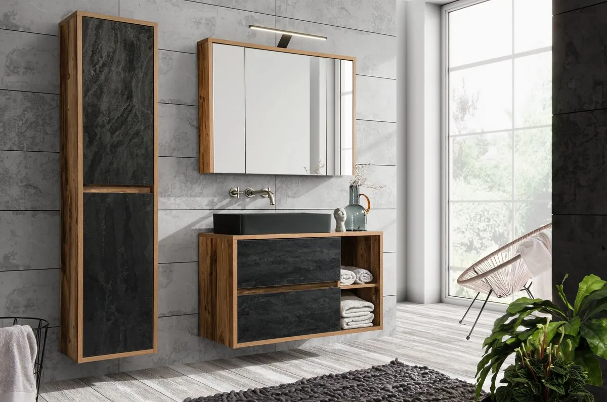 Szafka z lustrem HAMPTON ciemna dębowa 100x75x16cm - HAMPTON_CONCRETE_84-100_FSC