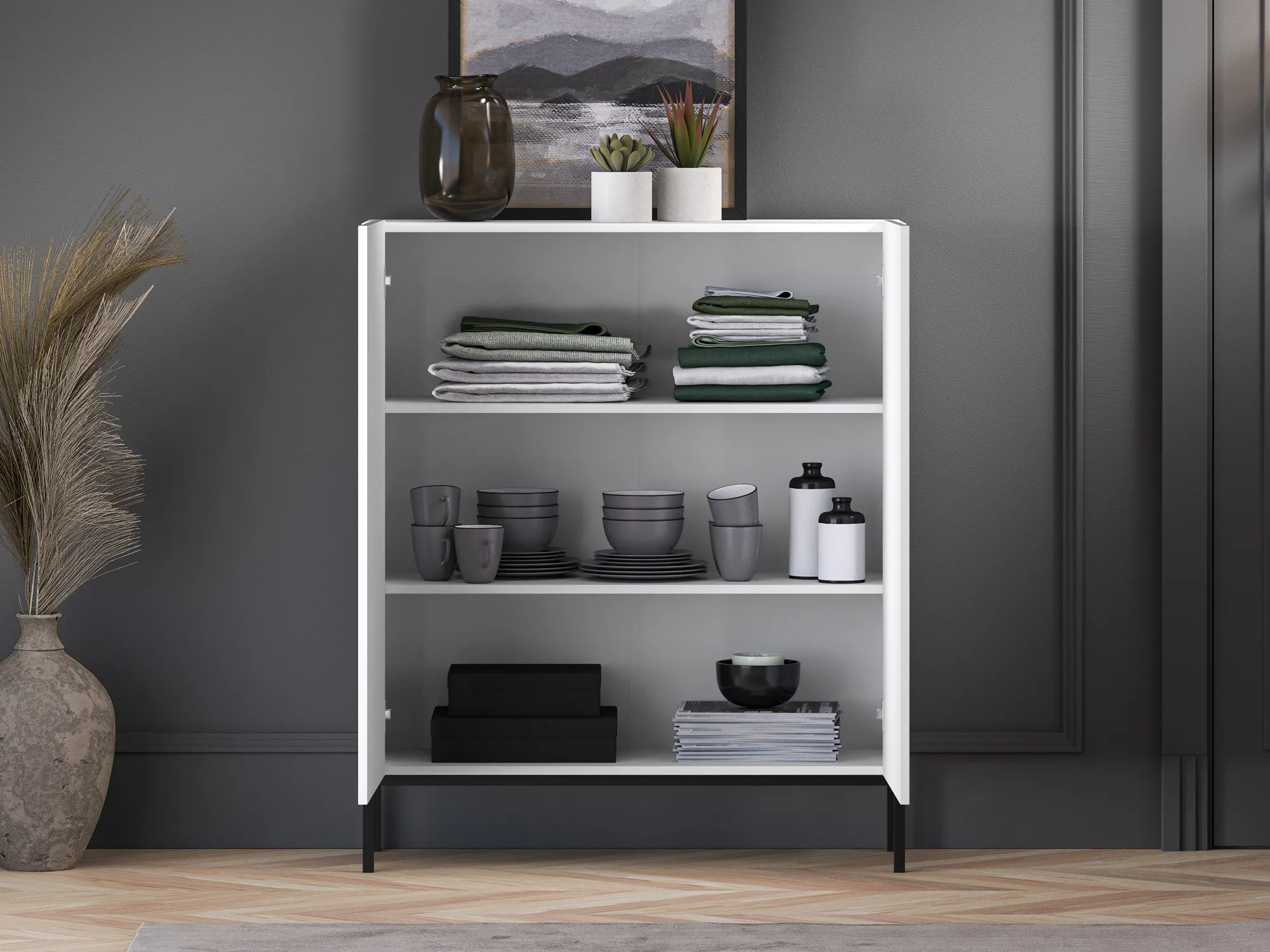 Komoda wysoka 2-drzwiowa CLEARING 01 biały alpejski, podstawa-czarny - 1CLEA01-001-01