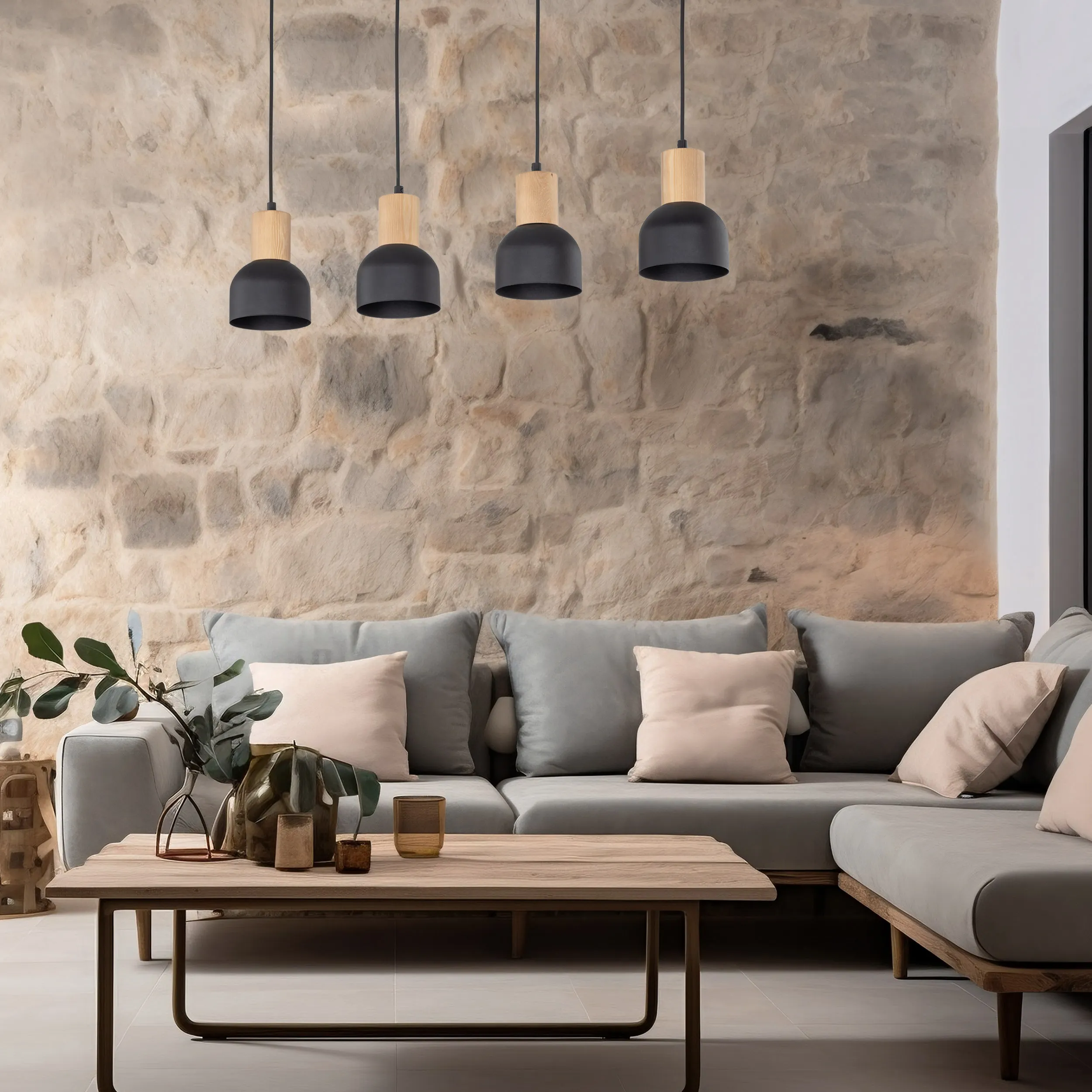 Lampa wisząca CAIRO czarna na listwie z drewnianymi elementami 120x80x11cm - TK_4896