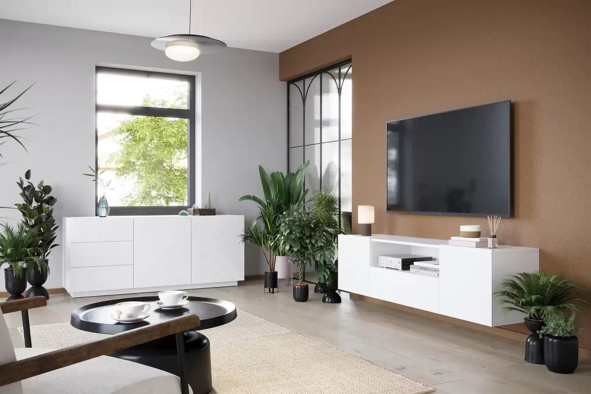 Szafka RTV ASHA 167 - biały mat - ryflowany front - wisząca - B_52528