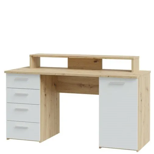 Biurko NET106 z szafką, 4 szufladami i nadstawką na komputer- biały, jasoszary - MT980-M823