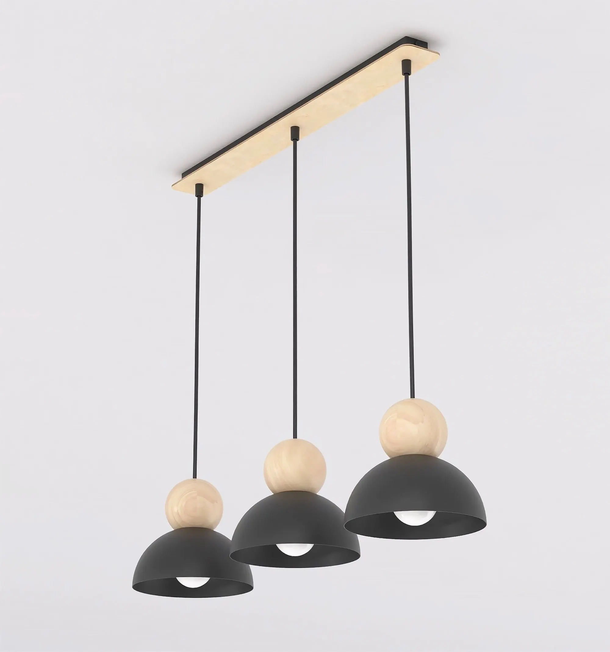 lampa wisząca, trzy-punktowa, czarne klosze, drewniane elementy, półkula