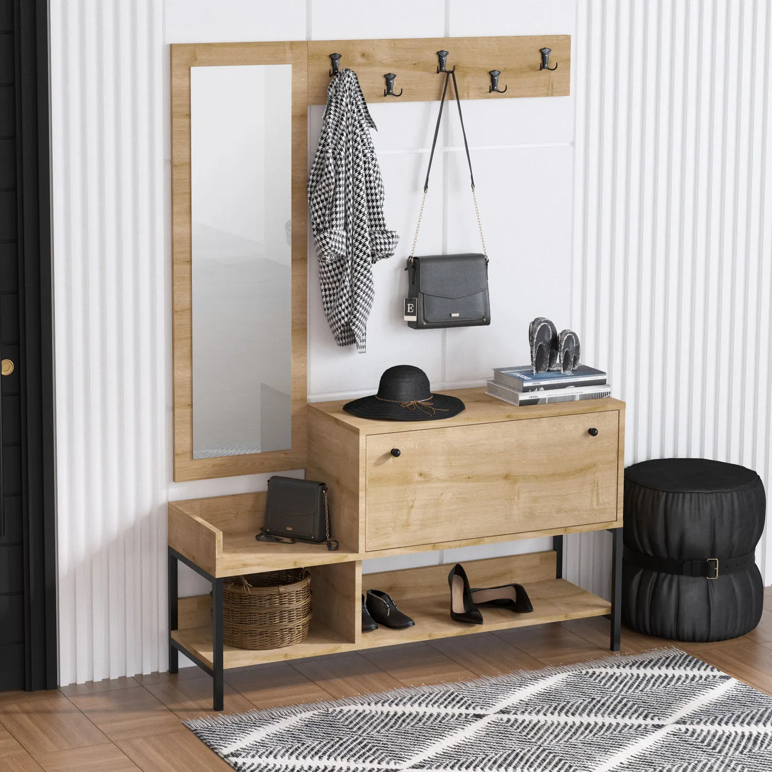 Zestaw do przedpokoju drewniany NONSO z lustrem i haczykami 120 cm dąb sapphire - ASI_793ELG3909