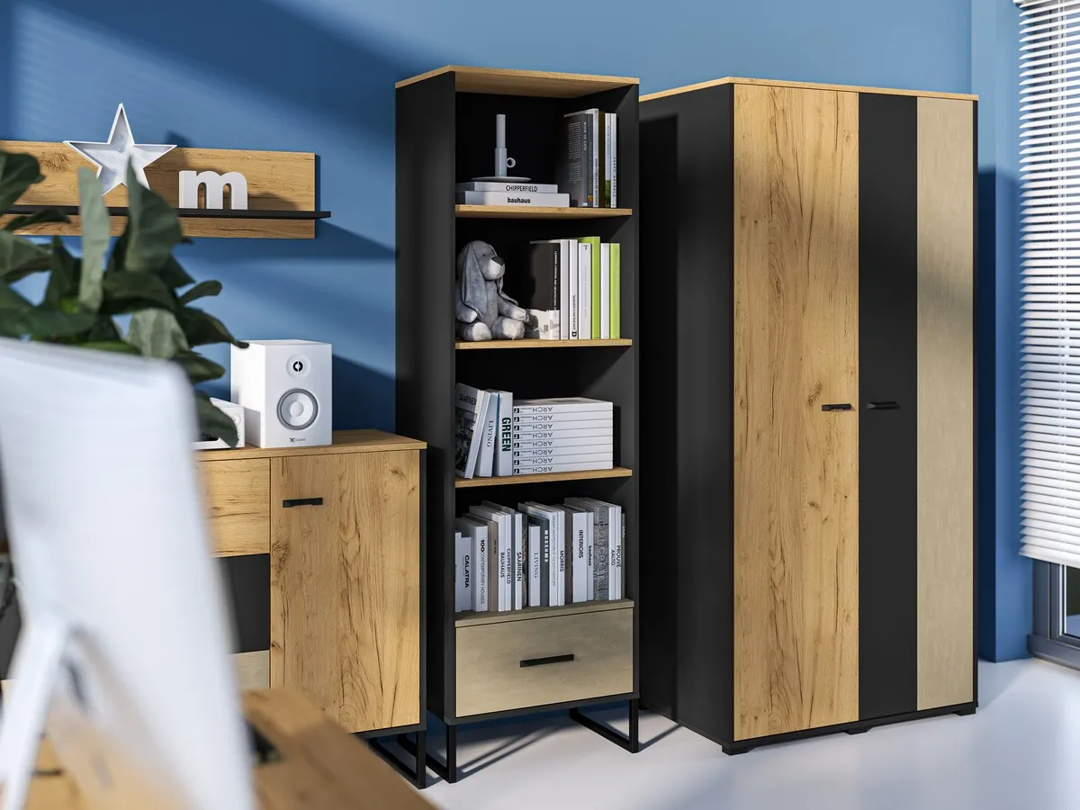 Regał z szufladą Colt 03 dąb craft złoty, czarny, stal premium - 1COLT03-001