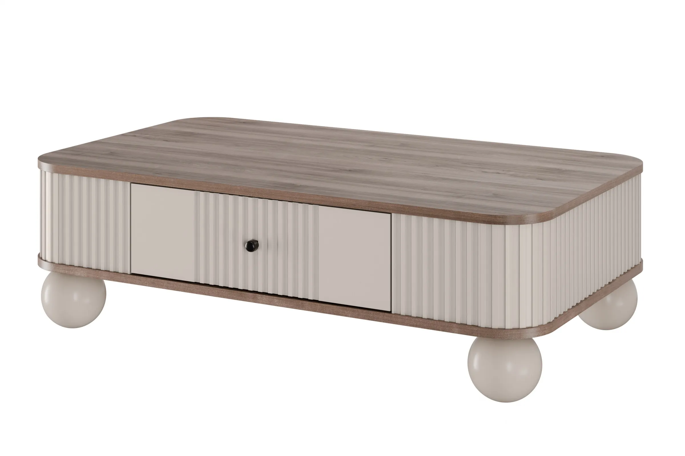 Stolik kawowy z szufladą VESPER 103 ryflowany front cashmere orzech czarne uchwyty nogi kule