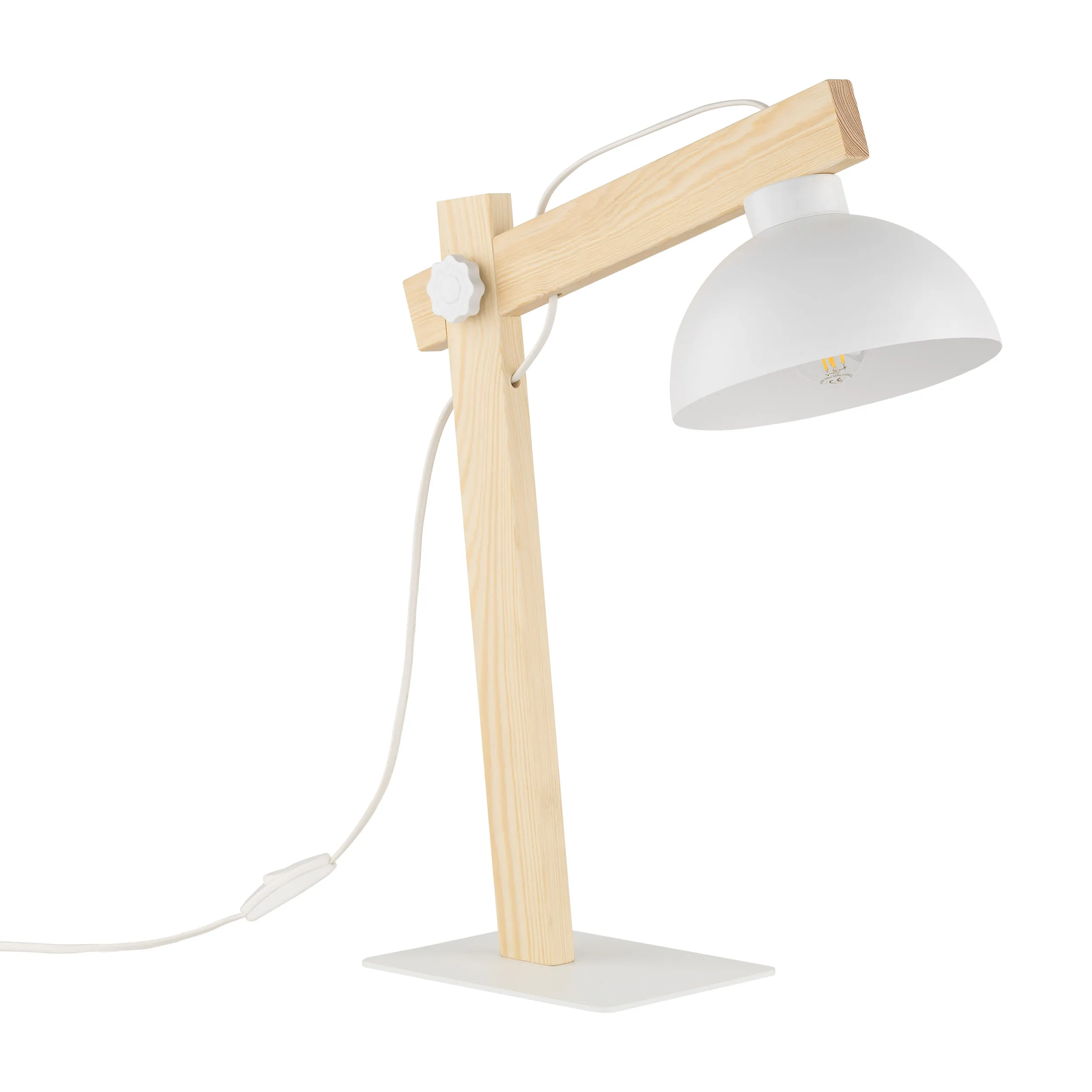 Lampka nocna OSLO biała jasne drewniane ramię 52x42x18cm