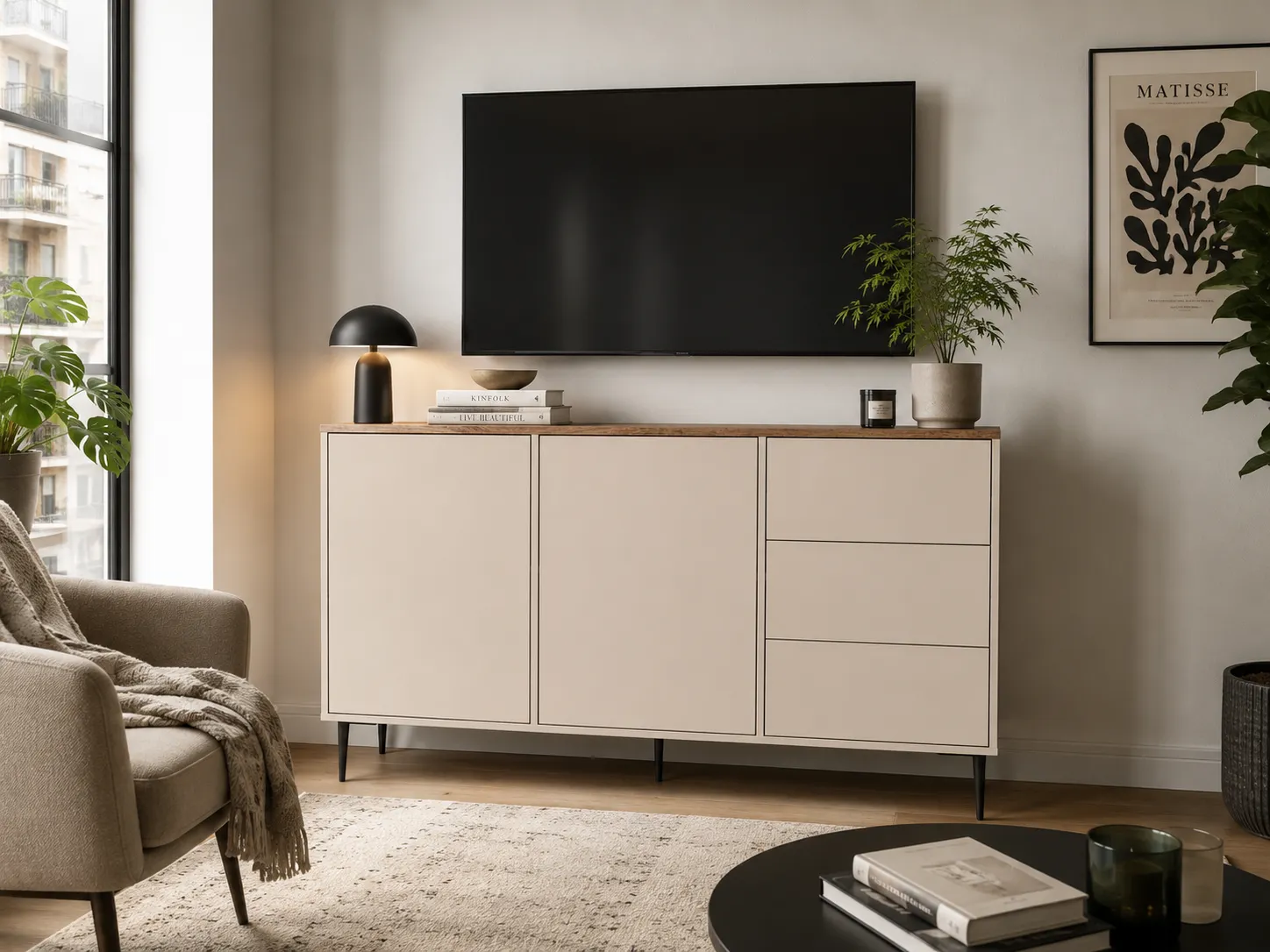 image _tv, komoda pod telewizor, szafka RTV, mebel: kredens, rośliny dekoracyjne