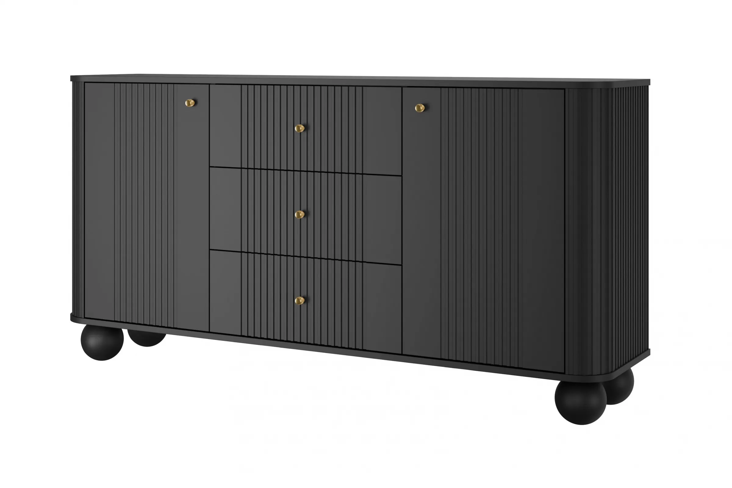 Komoda 2-drzwiowa z 3 szufladami VESPER 160 ryflowany front czarna złote uchwyty nogi kule Meble, Kredens, Szafka, Szuflada, Komoda