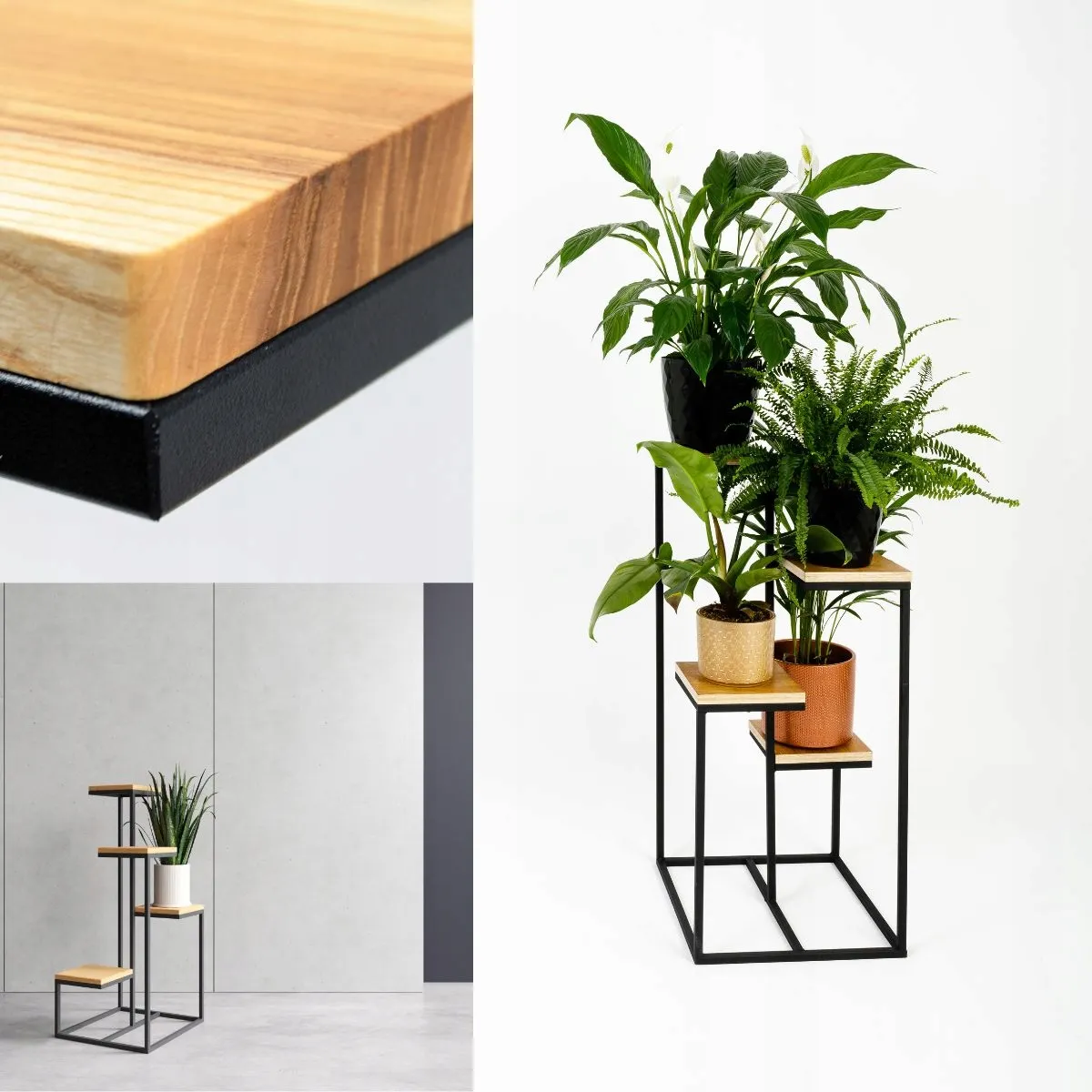 Kwietnik stojący 4-poziomowy LE MANS M metal drewno czarny naturalny - LD_TZ000047