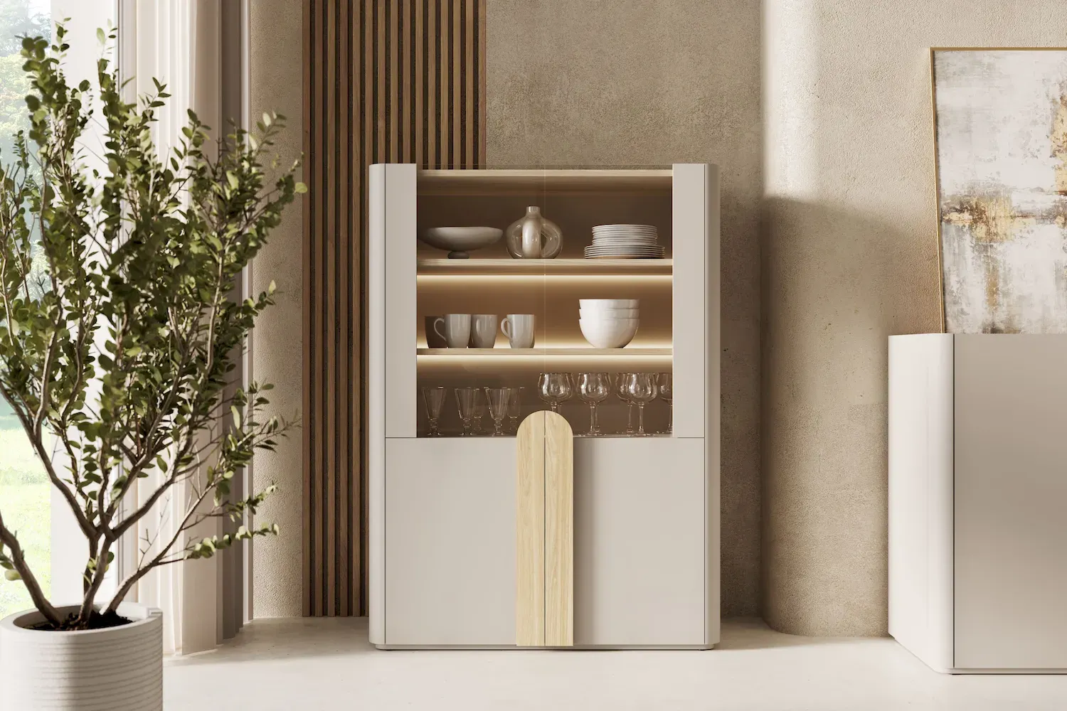 Witryna 2-drzwiowa AMILIO 100 oświetlenie LED - cashmere dąb olejowany uchwyty dąb jasny - B_169210