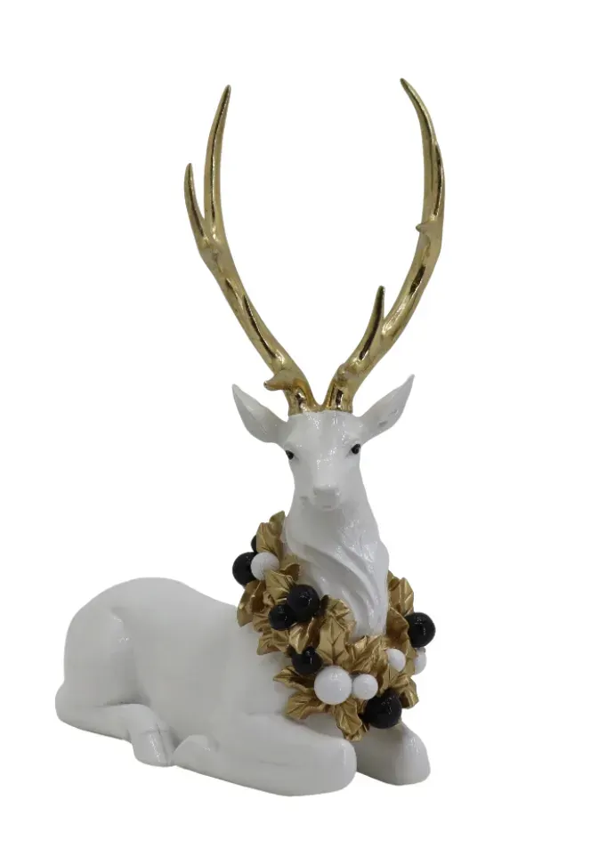 Figurka RENIFER LEŻĄCY duży ze złotym porożem biały