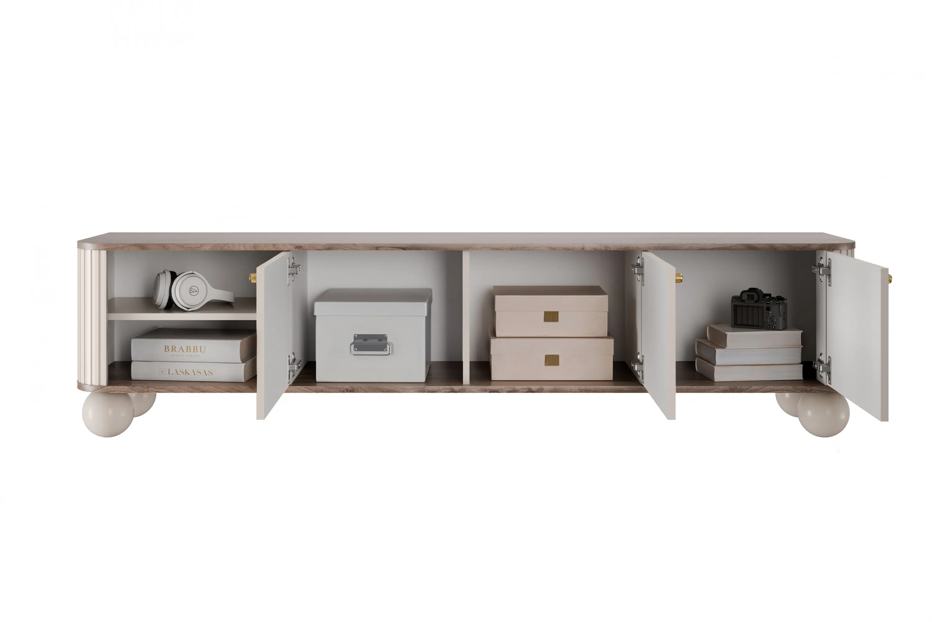 Szafka RTV 3-drzwiowa VESPER RTV 187 ryflowany front cashmere orzech złote uchwyty nogi kule - B_163676