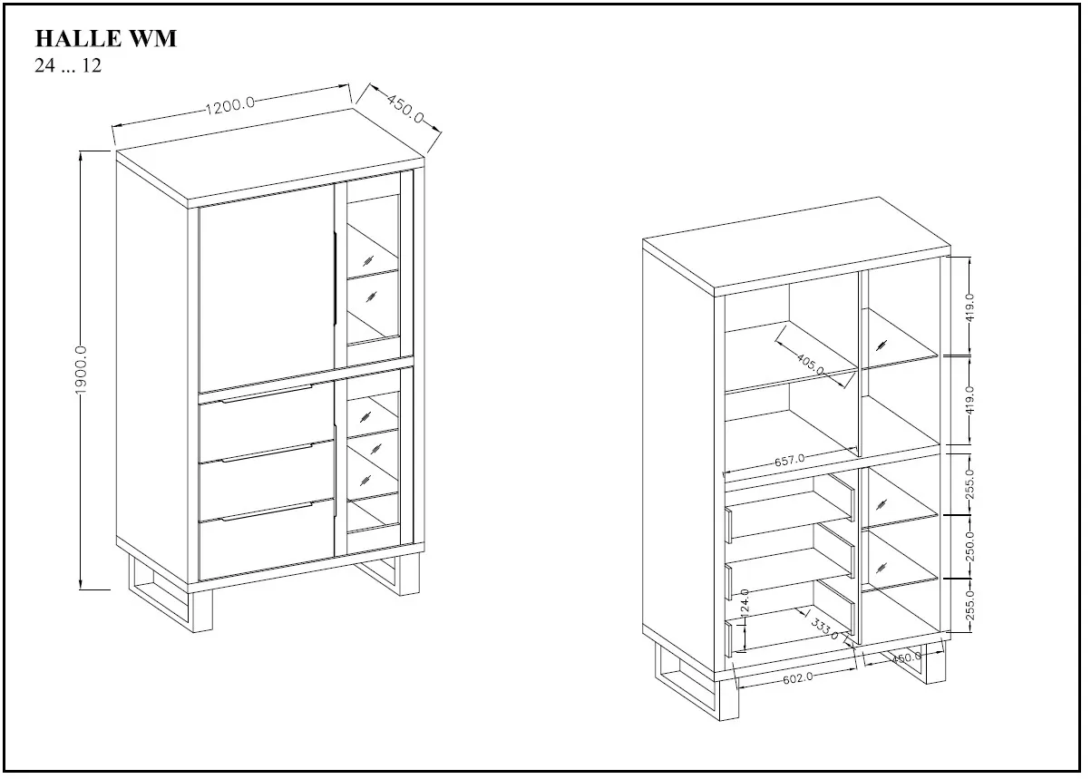 Witryna 3-drzwiowa z szufladami szklana HALLE 120x190 dąb Wotan - 24N0HK12