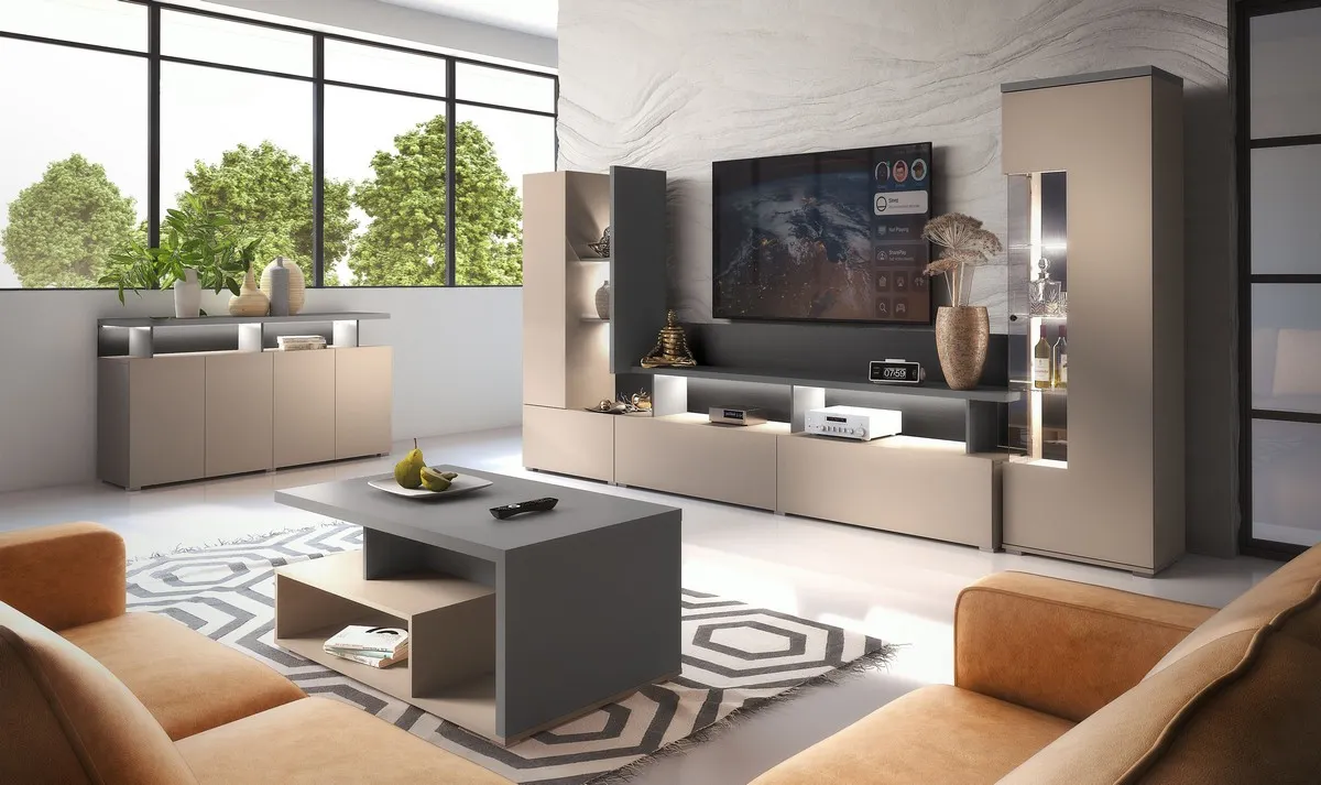 Meblościanka RTV SERIO półki i szuflady 270x164 cappuccino/antracyt - 24CJNI09