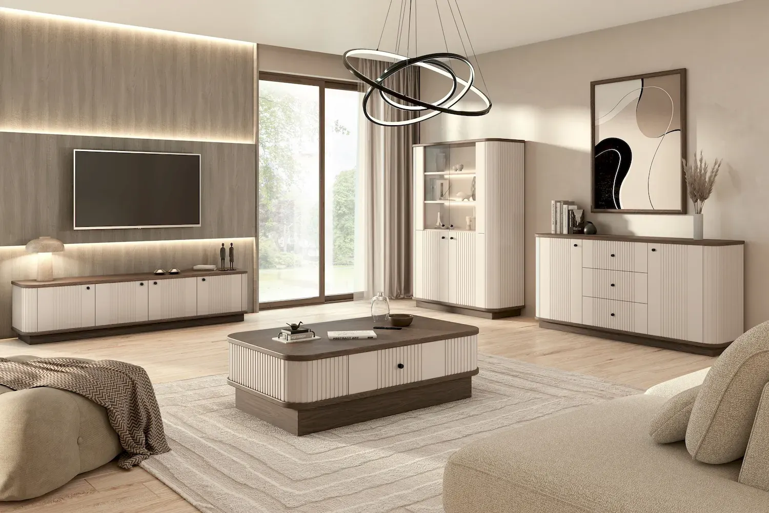 Witryna 4-drzwiowa VESPER z oświetleniem ryflowany front - cashmere orzech czarne uchwyty cokół - B_169476