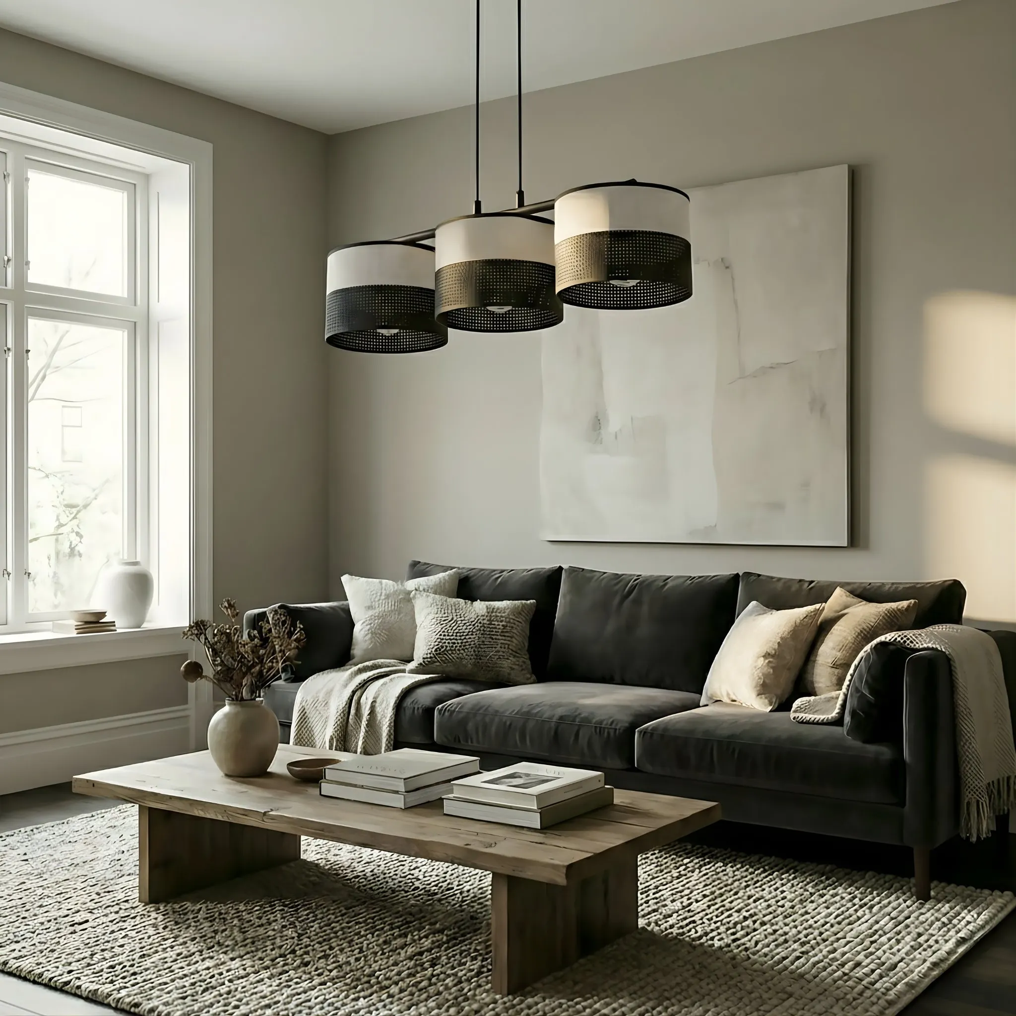 szary salon, sofa welurowy, stolik kawowy drewniany, wnętrze minimalistyczne, oświetlenie wiszące