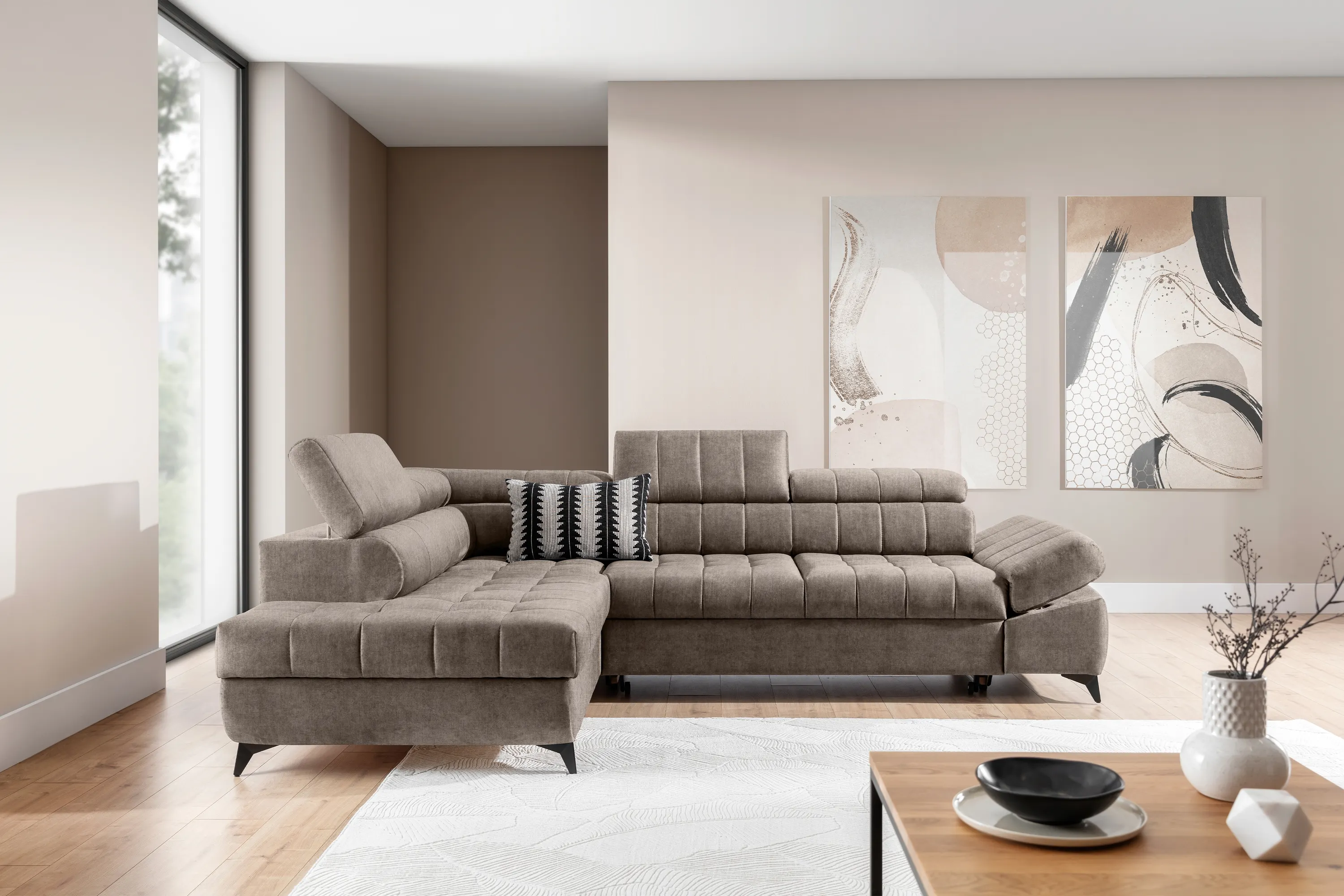 Narożnik lewostronny VALORIS L regulowane zagłówki i podłokietniki tkanina Vogue 4 brązowy - B_162917