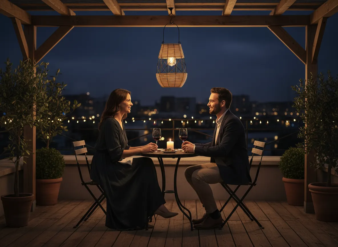 image romantyczna kolacja, zewnętrzny taras, nocna scena, świece, kieliszki do wina