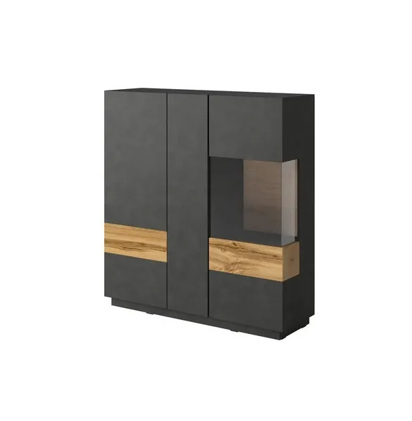 Komoda SILKE 46 wysoka trzydrzwiowa z przeszkleniem matera dąb wotan 139x130x40cm