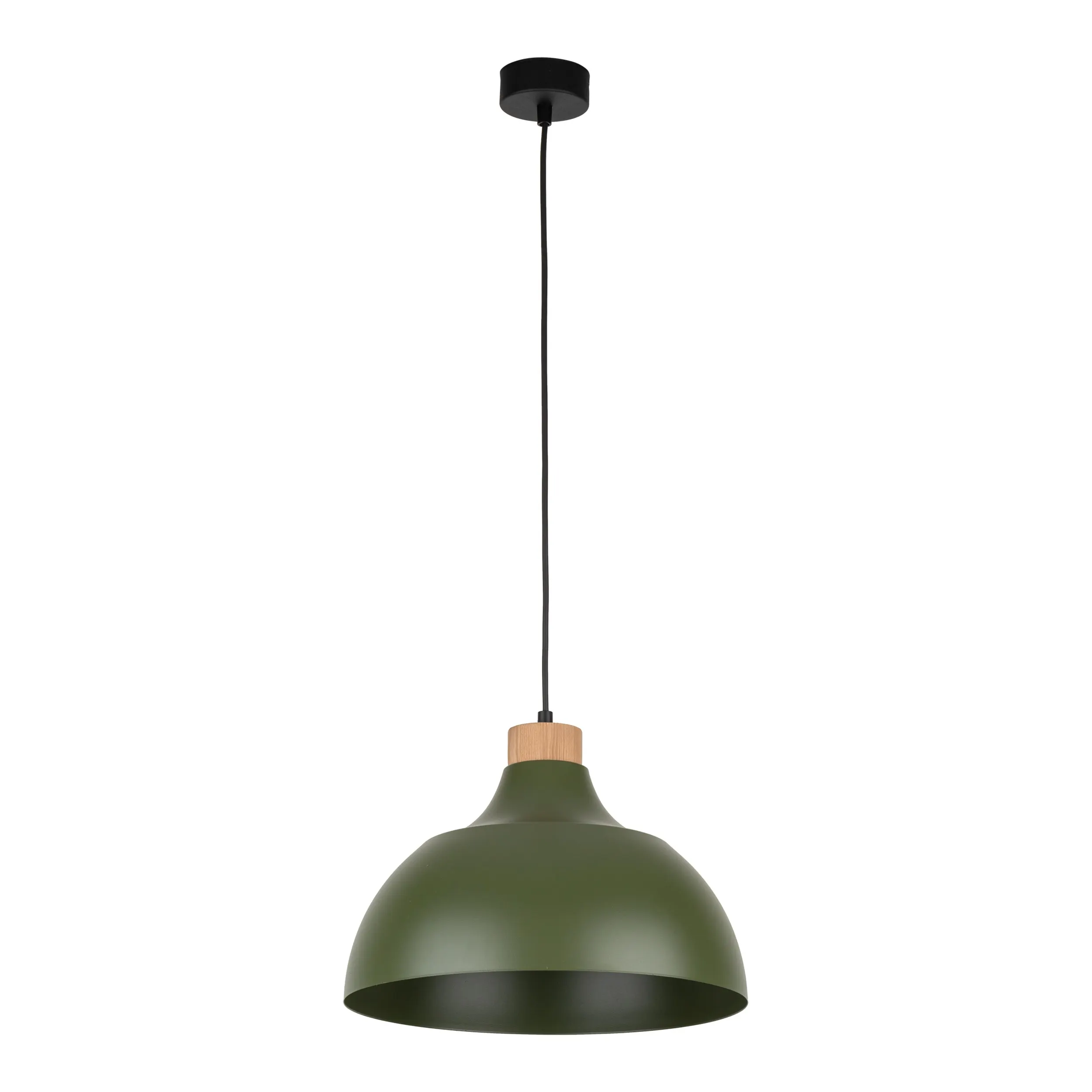 Lampa wisząca CAP zielona z drewnianym elementem na czarnym przewodzie i podstawie 170x34cm