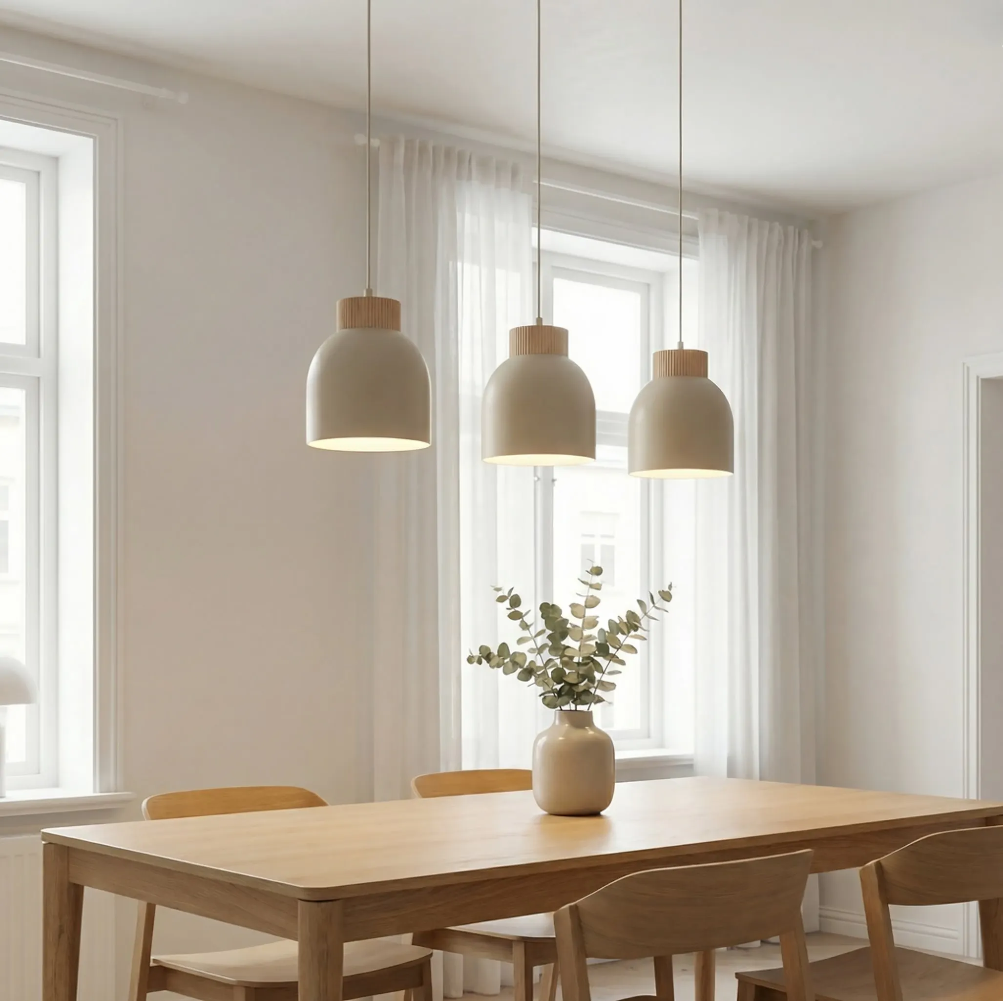 image lampa wisząca, kryte oświetlenie, drewniana lampa, stół drewniany, dekoracja z gałązkami