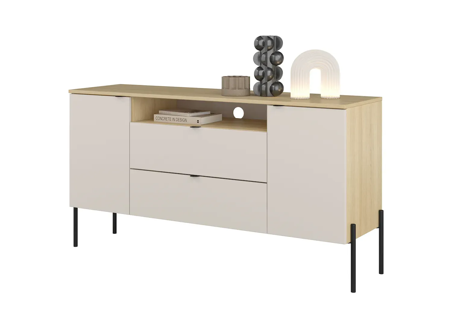 Komoda 2-drzwiowa z 2 szufladami i wnęką ORE 140 cm dąb lindberg kaszmir czarne nóżki - 24LKOG26