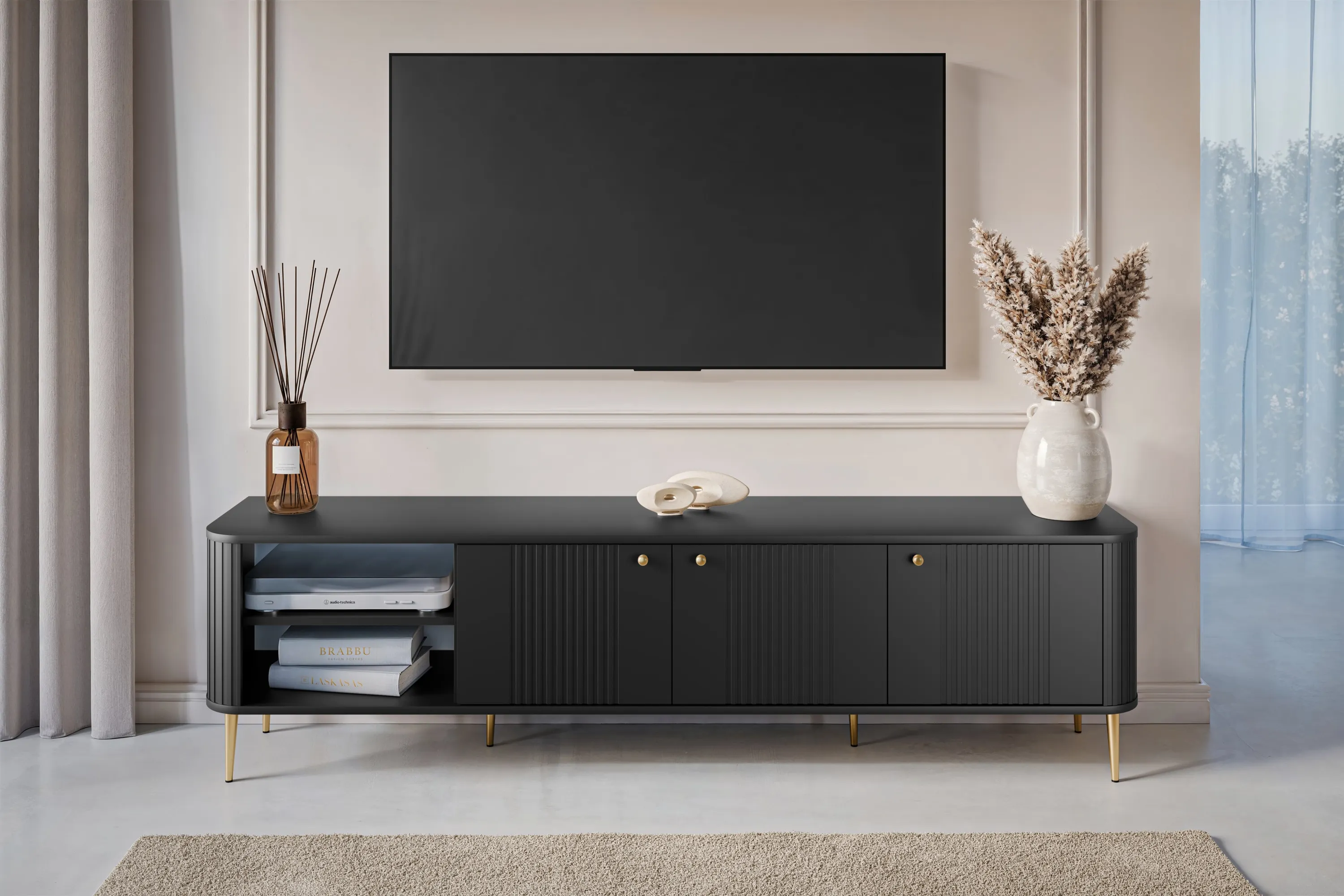 Szafka RTV 3-drzwiowa VESPER RTV 187 ryflowany front czarna złote nogi - B_163688