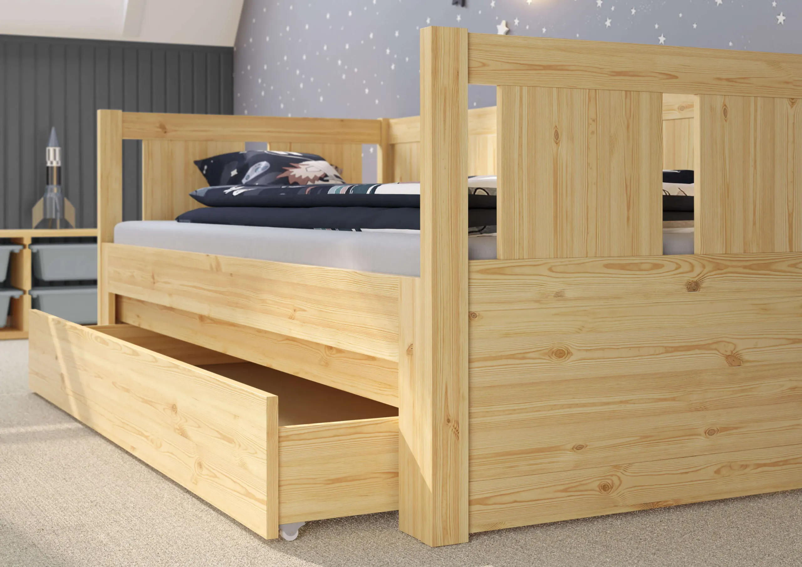 Łóżko drewniane rozkładane MOON 90x200 z oparciem naturalne - LMOONSOS90