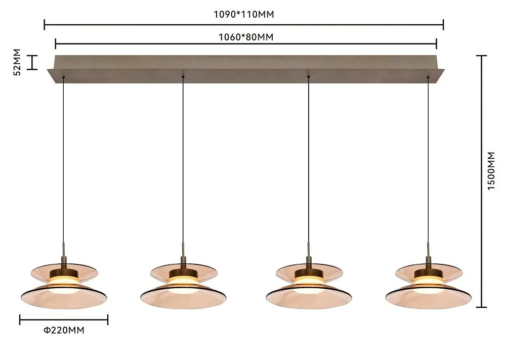 lampa wisząca, cztery plafony, metalowy stelaż, szklane klosze, kolor mosiądz