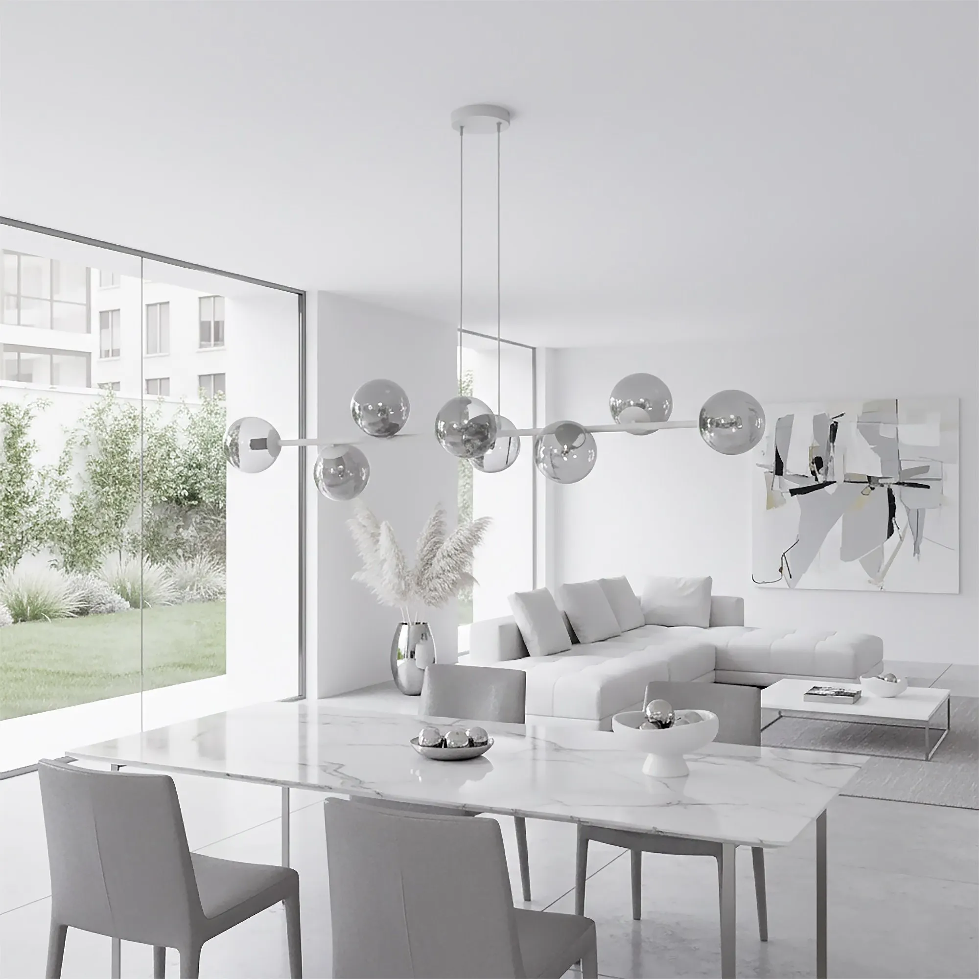 image lampa sufitowa, kule chromowane, stół marmurowy, salon minimalistyczny, sofa narożna