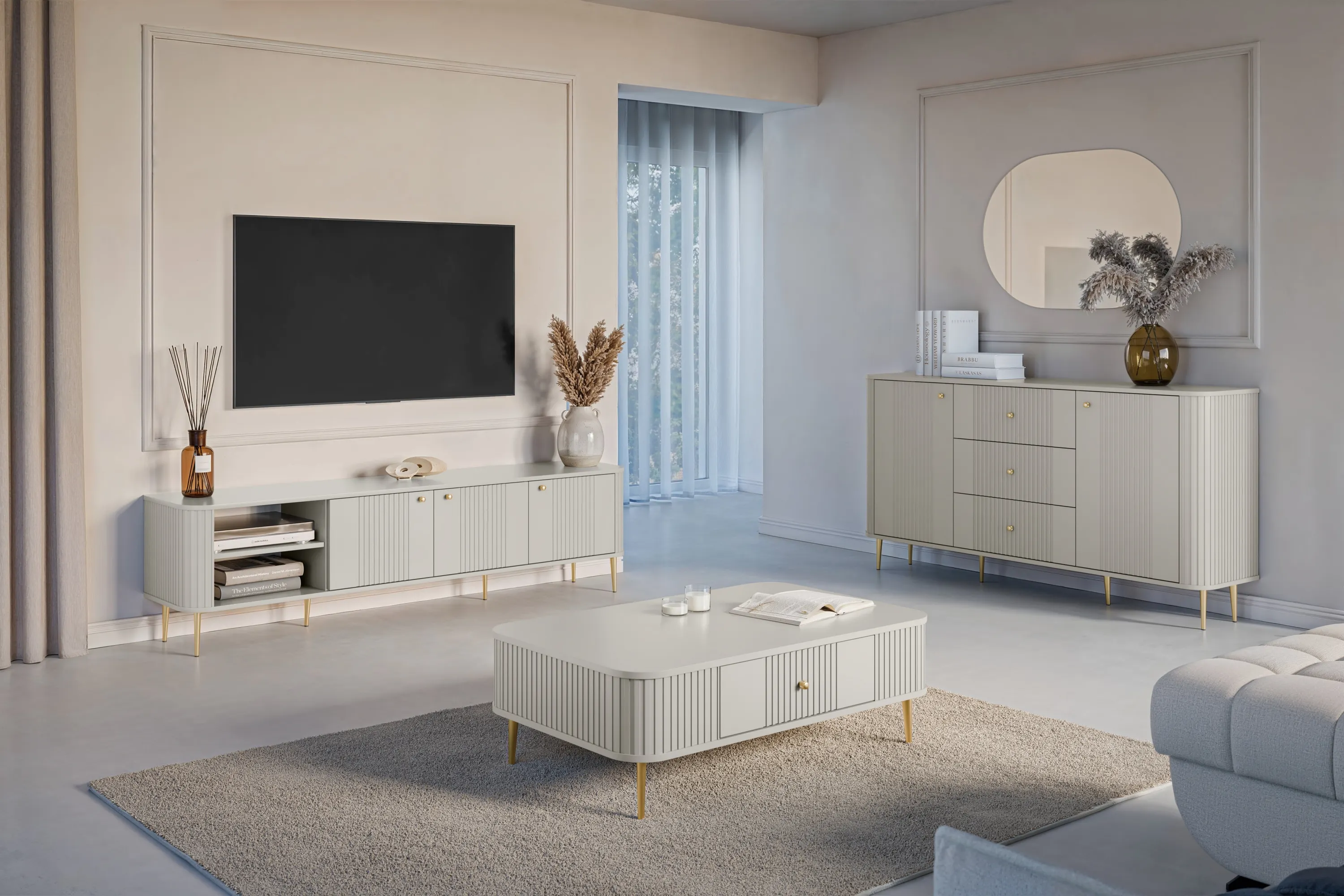 Szafka RTV 3-drzwiowa VESPER RTV 187 ryflowany front cashmere złote nogi - B_163655