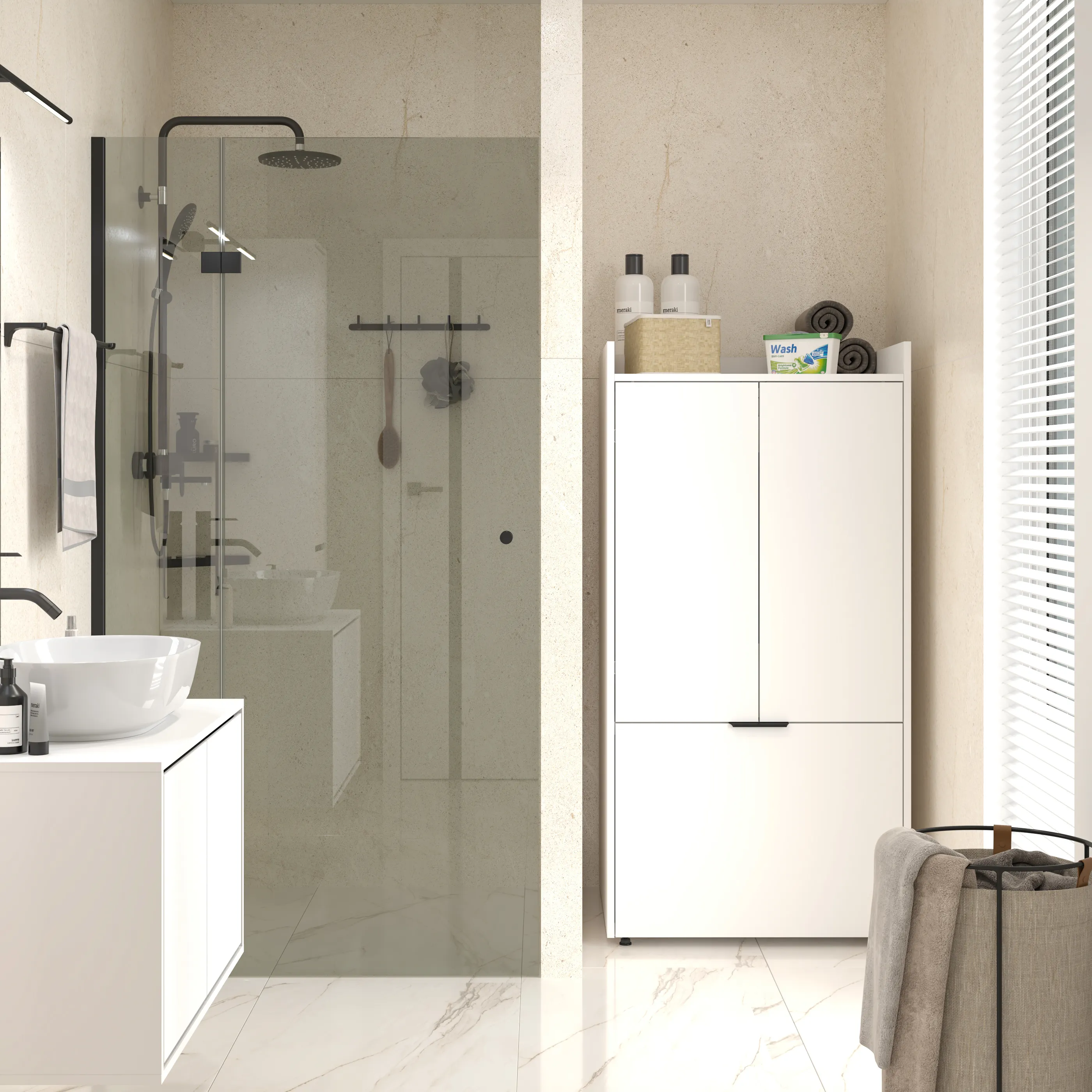 łazienka, szafka, prysznic, narożny, biel