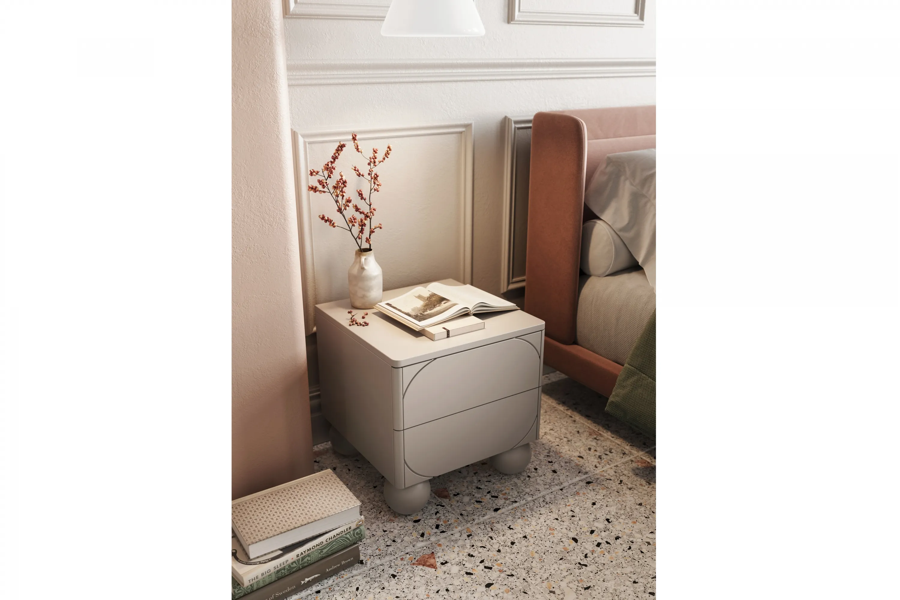 Szafka nocna z 2 szufladami SONATIA 45cm cashmere nogi kule - B_157261