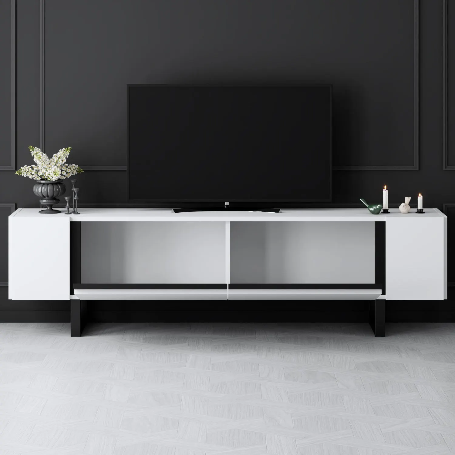Szafka RTV z 2 klapami YILDIZ 180x30x50 cm biały czarny — zdjęcie 5
