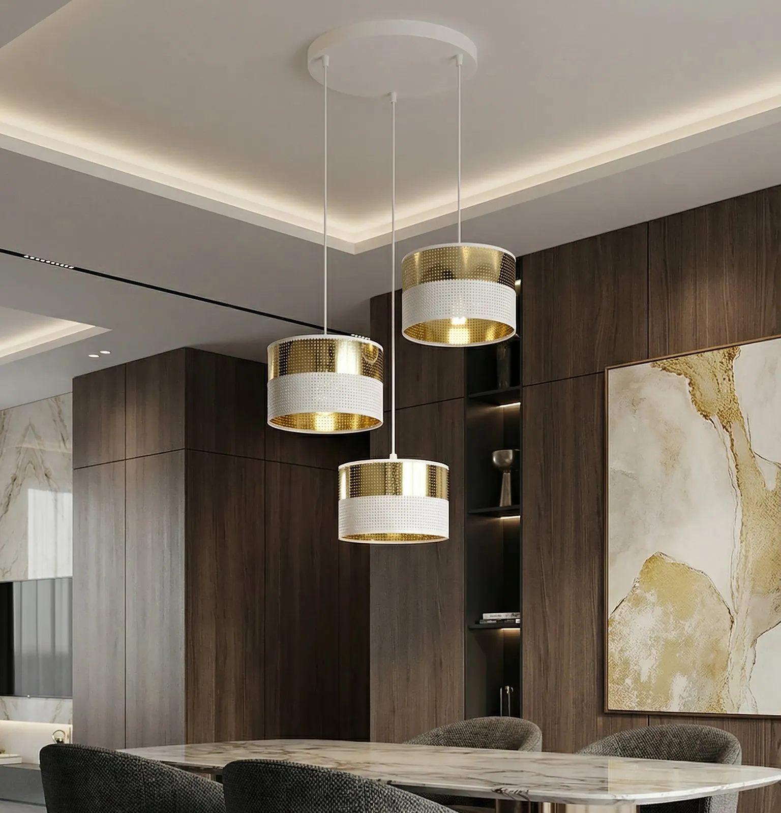 Lampa wisząca LUX 3 WH GOLD PREMIUM z abażurem biała złota - 1650/3PREM