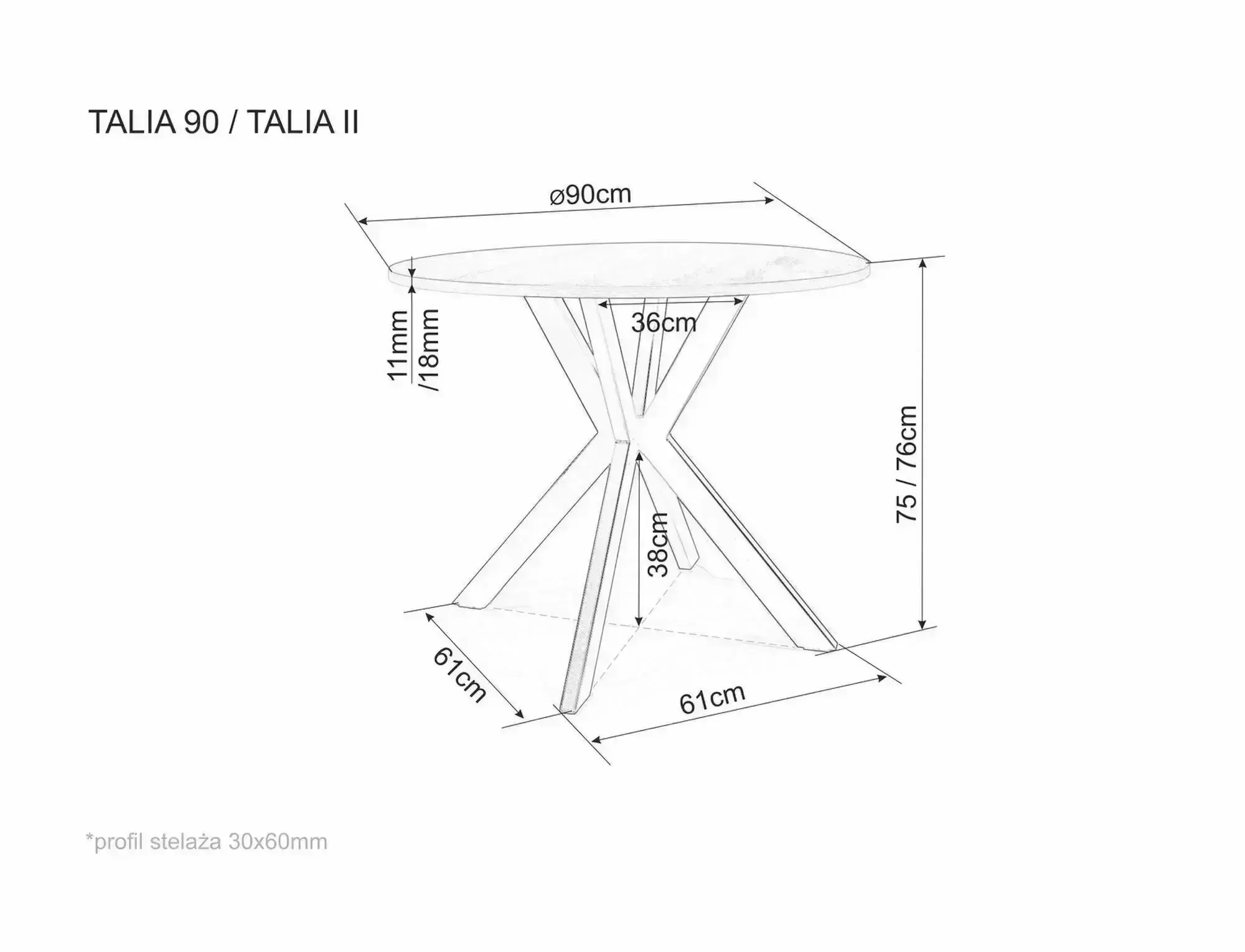 image stół, okrągły, baza krzyżowa, metalowy profil, średnica 90 cm