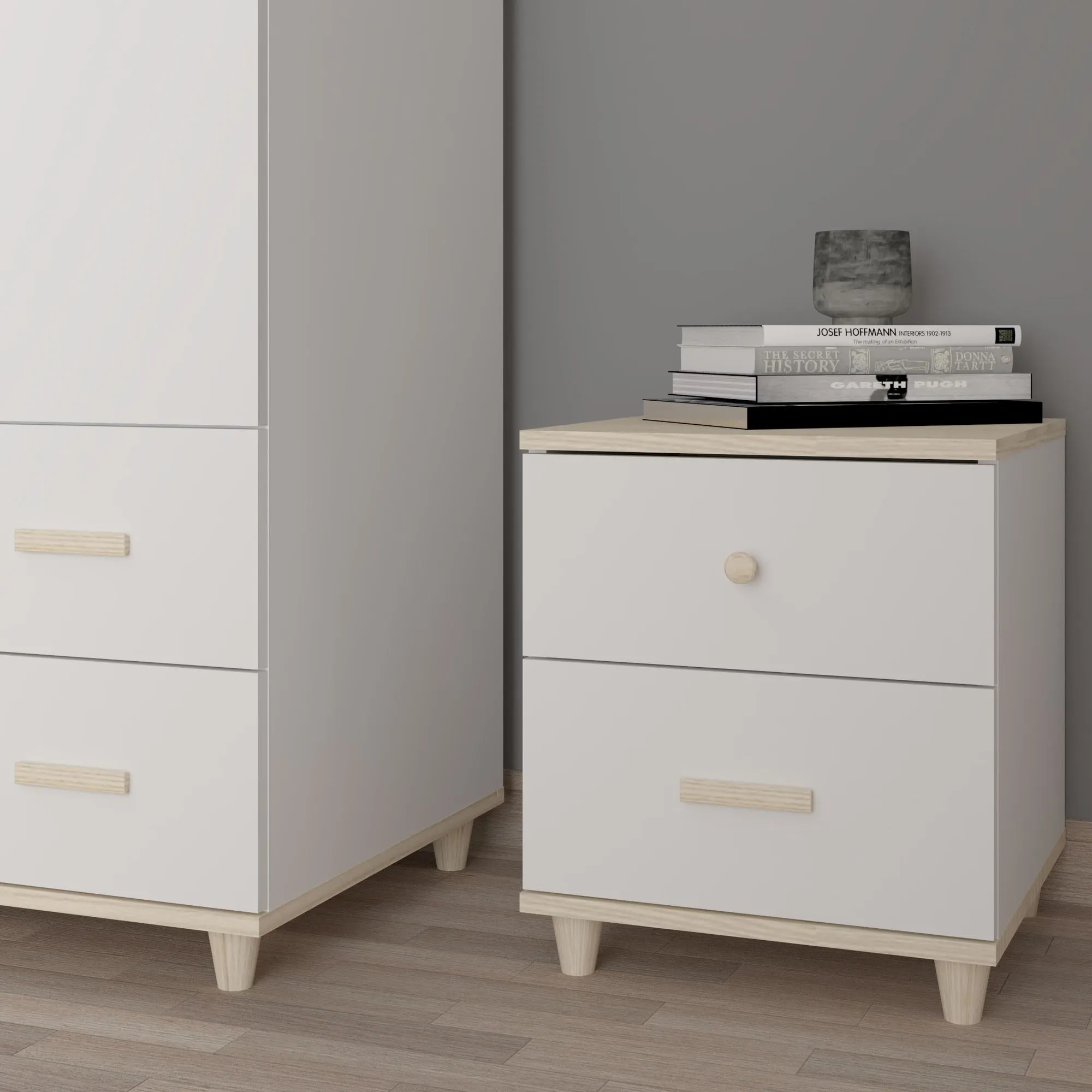 Szafka nocna z 2 szufladami GOODY drewniane uchwyty i nóżki biały akacja - INT_5002810