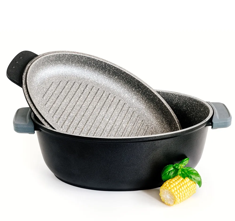 image garnek żeliwny, pokrywa niebieska, patelnia grillowa, zestaw kuchenny, akcesoria kuchenne