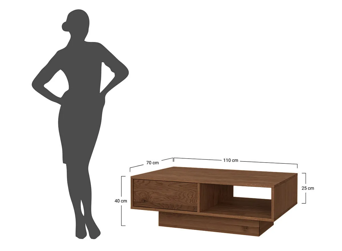 Stolik kawowy dębowy COLLODI z szufladą i półką - tabacco 70x110 cm - ZICOL12T