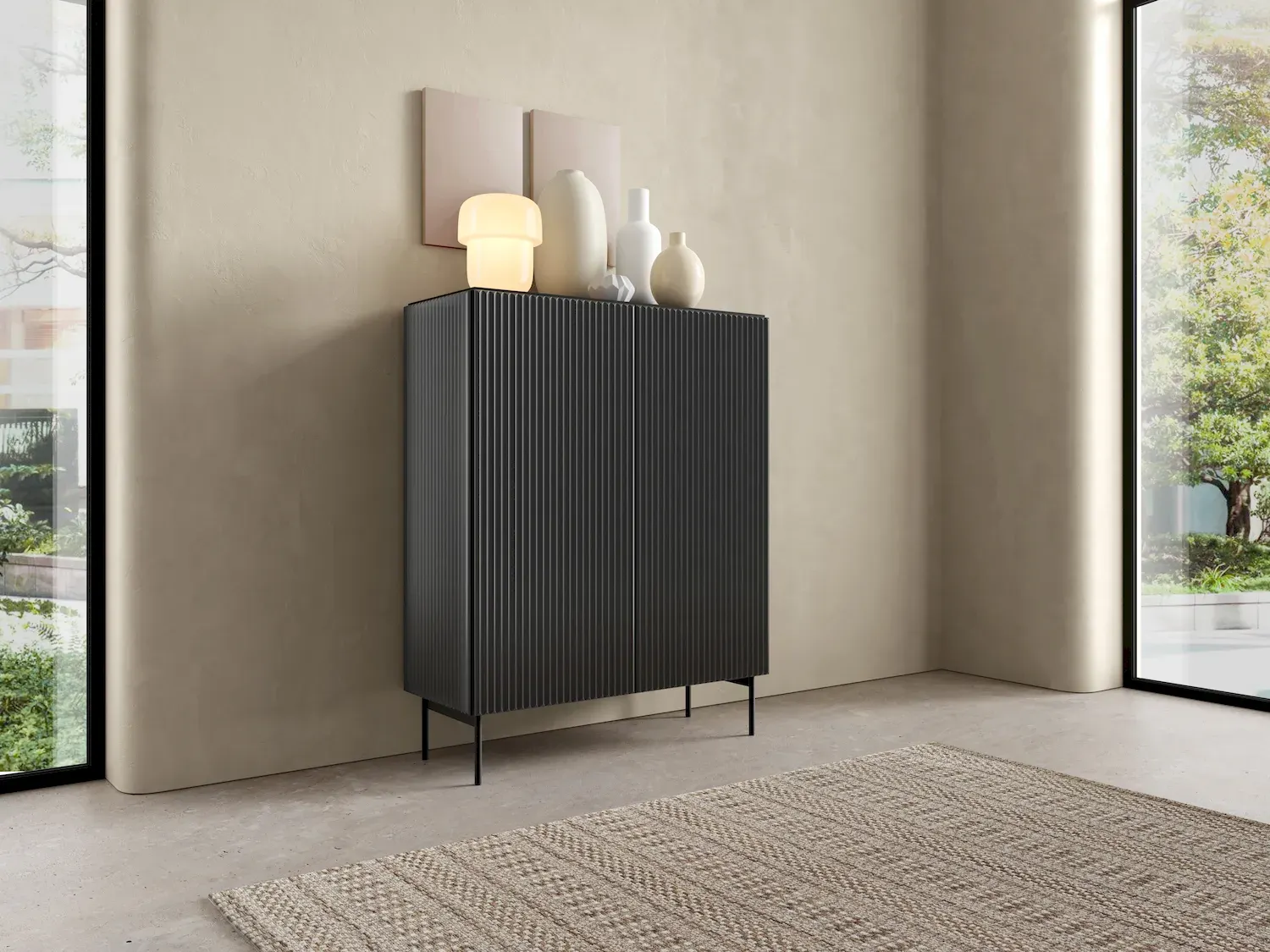 Komoda wysoka 2-drzwiowa MUTI ryflowany front czarna - LA_MUTI_KOMODA_WYSOKA_2D_CZARNY